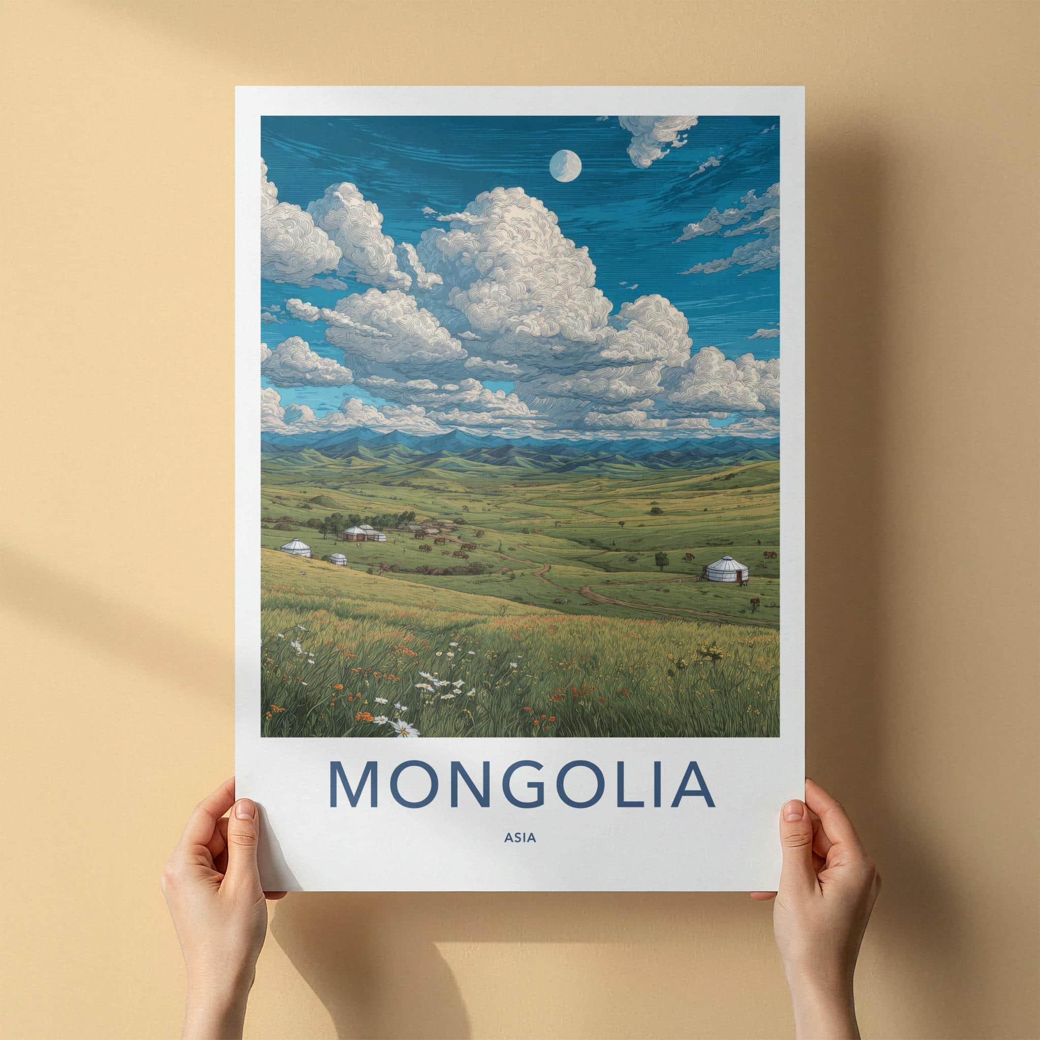Mongolia Poster - Mongolia Travel Art - Yurt Village Valley Home Decor
