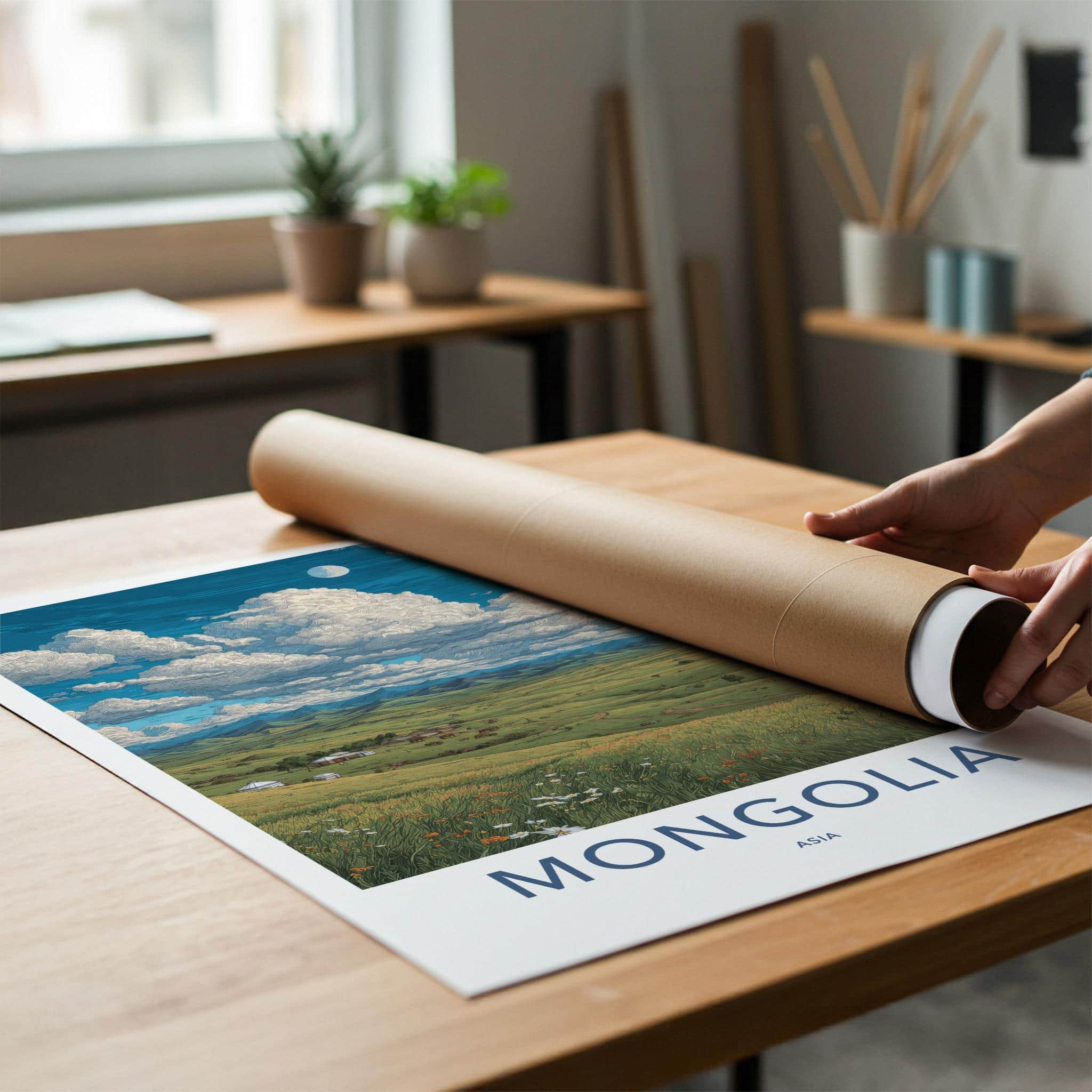 Mongolia Poster - Mongolia Travel Art - Yurt Village Valley Home Decor