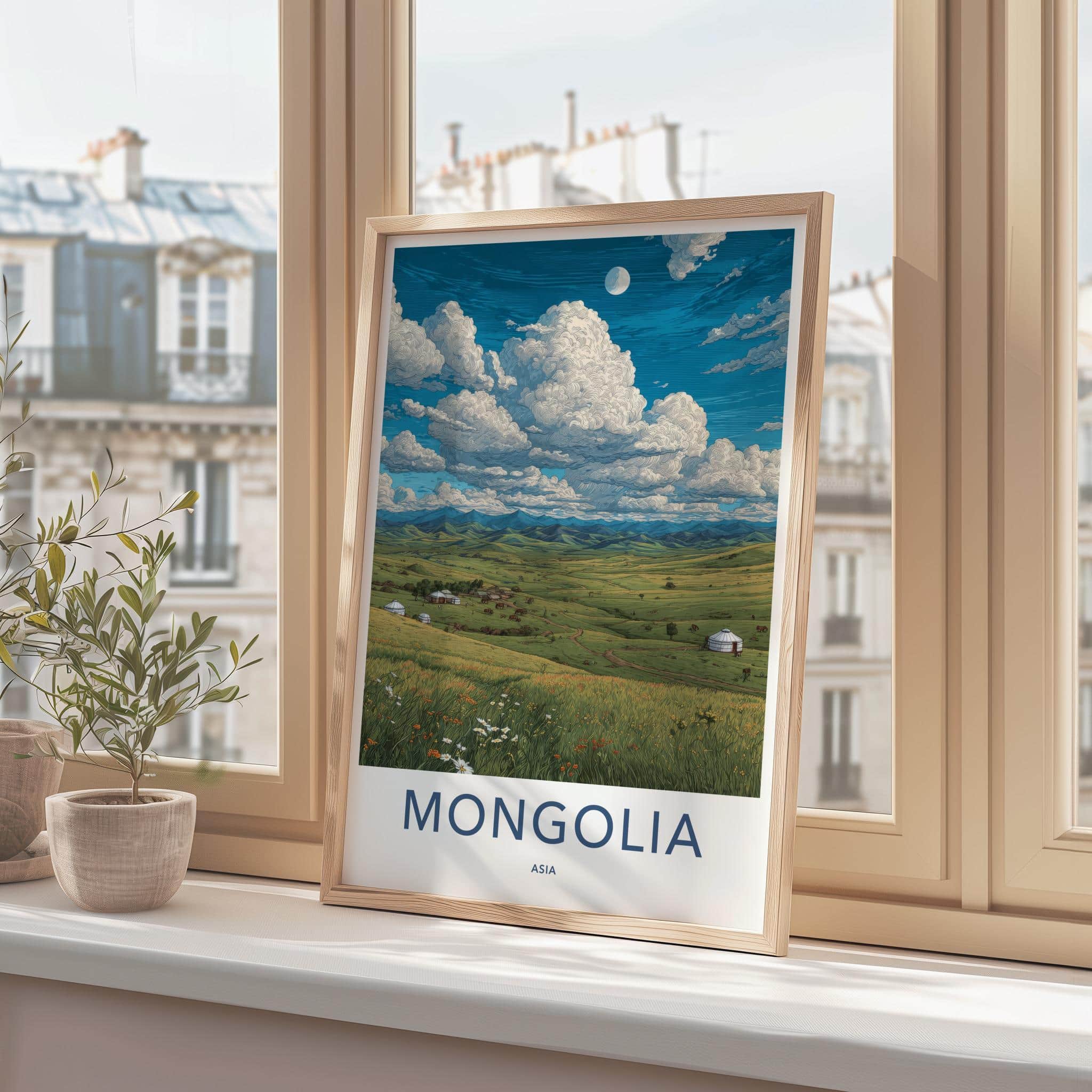 Mongolia Poster - Mongolia Travel Art - Yurt Village Valley Home Decor
