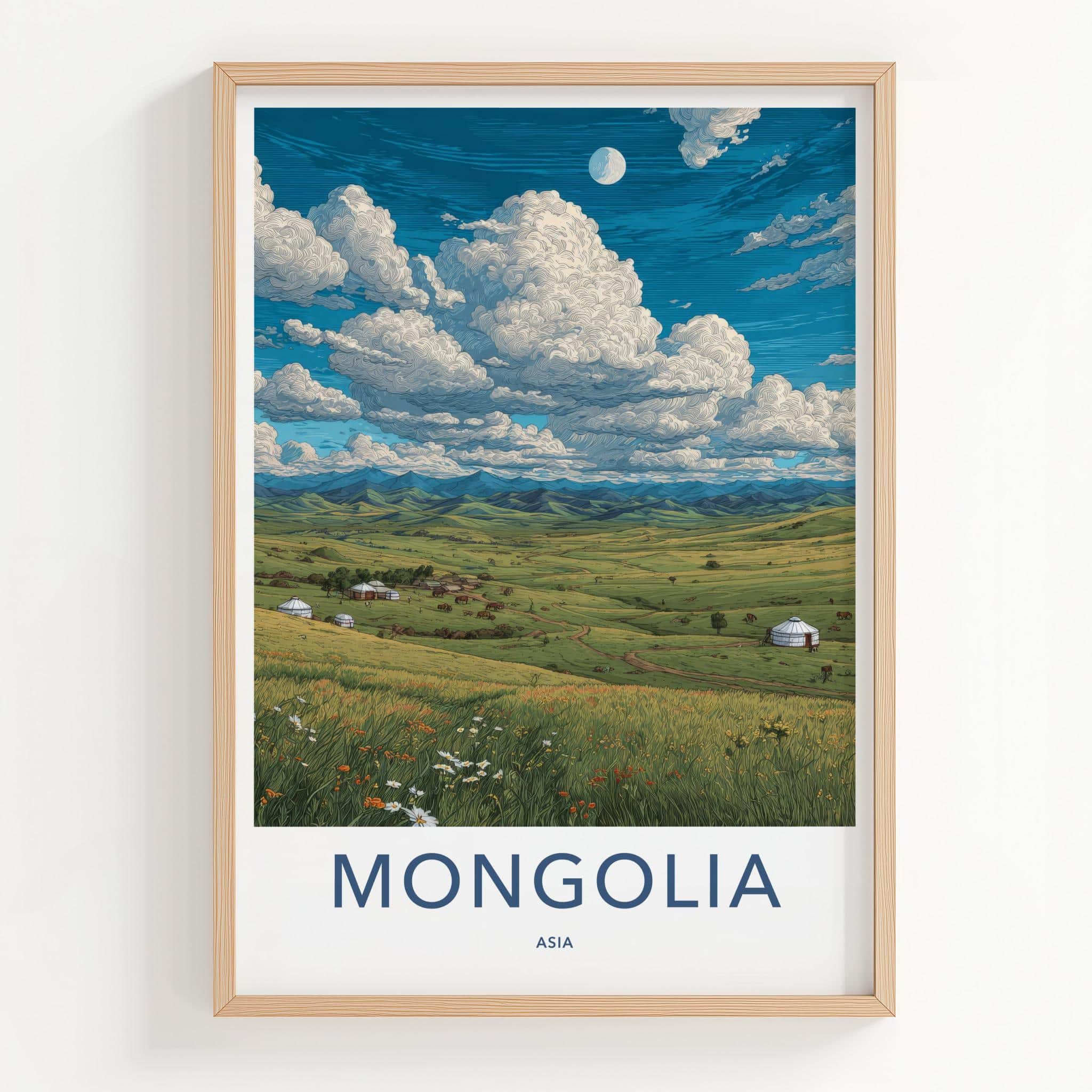 Mongolia Poster - Mongolia Travel Art - Yurt Village Valley Home Decor