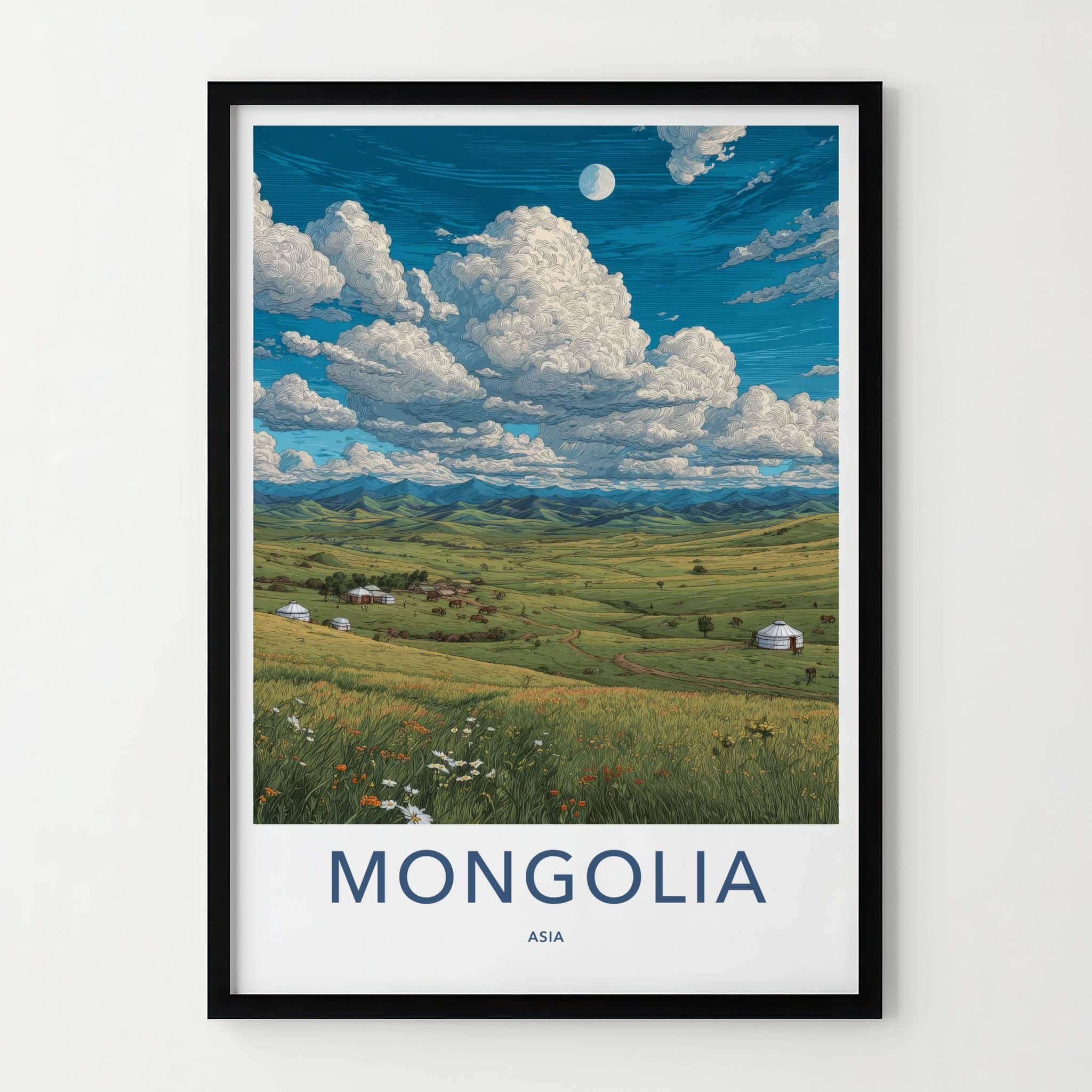 Mongolia Poster - Mongolia Travel Art - Yurt Village Valley Home Decor