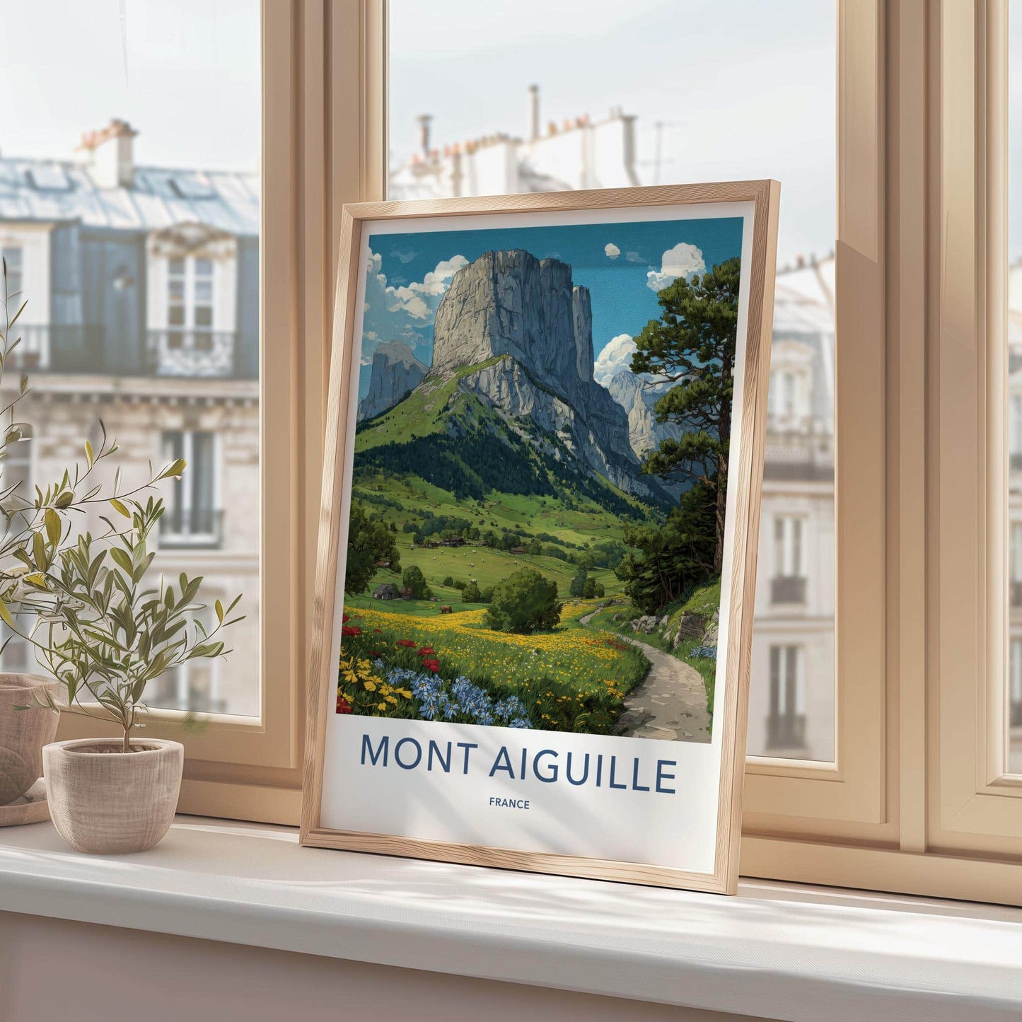 Mont Aiguille Poster - France Travel Art - Flowered Path Mountain Home Decor
