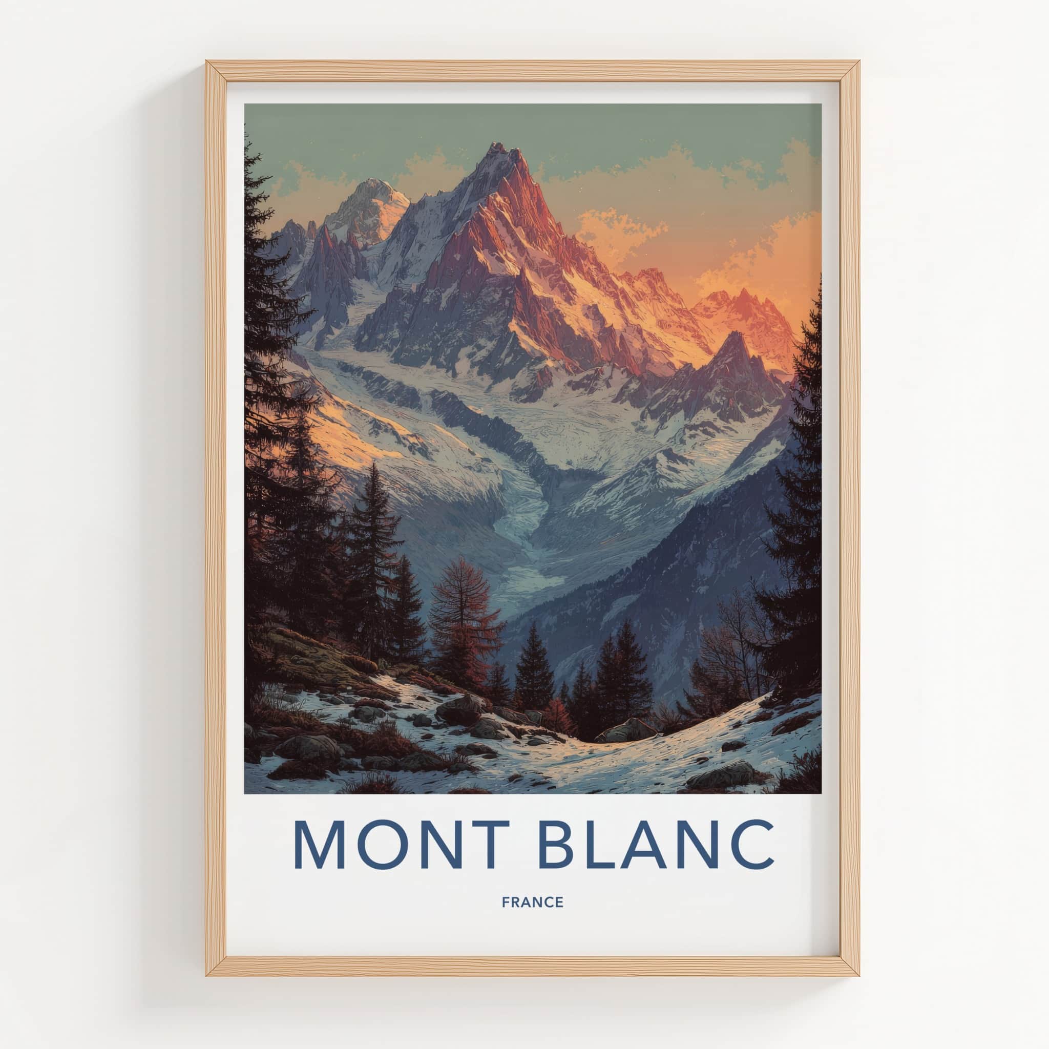 Mont Blanc Poster - France Travel Art - Alpenglow Mountain Valley Wall Decor