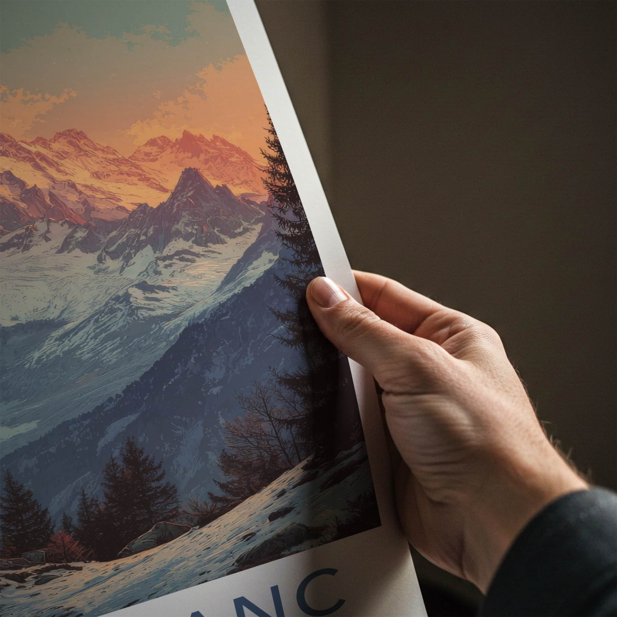 Mont Blanc Poster - France Travel Art - Alpenglow Mountain Valley Wall Decor