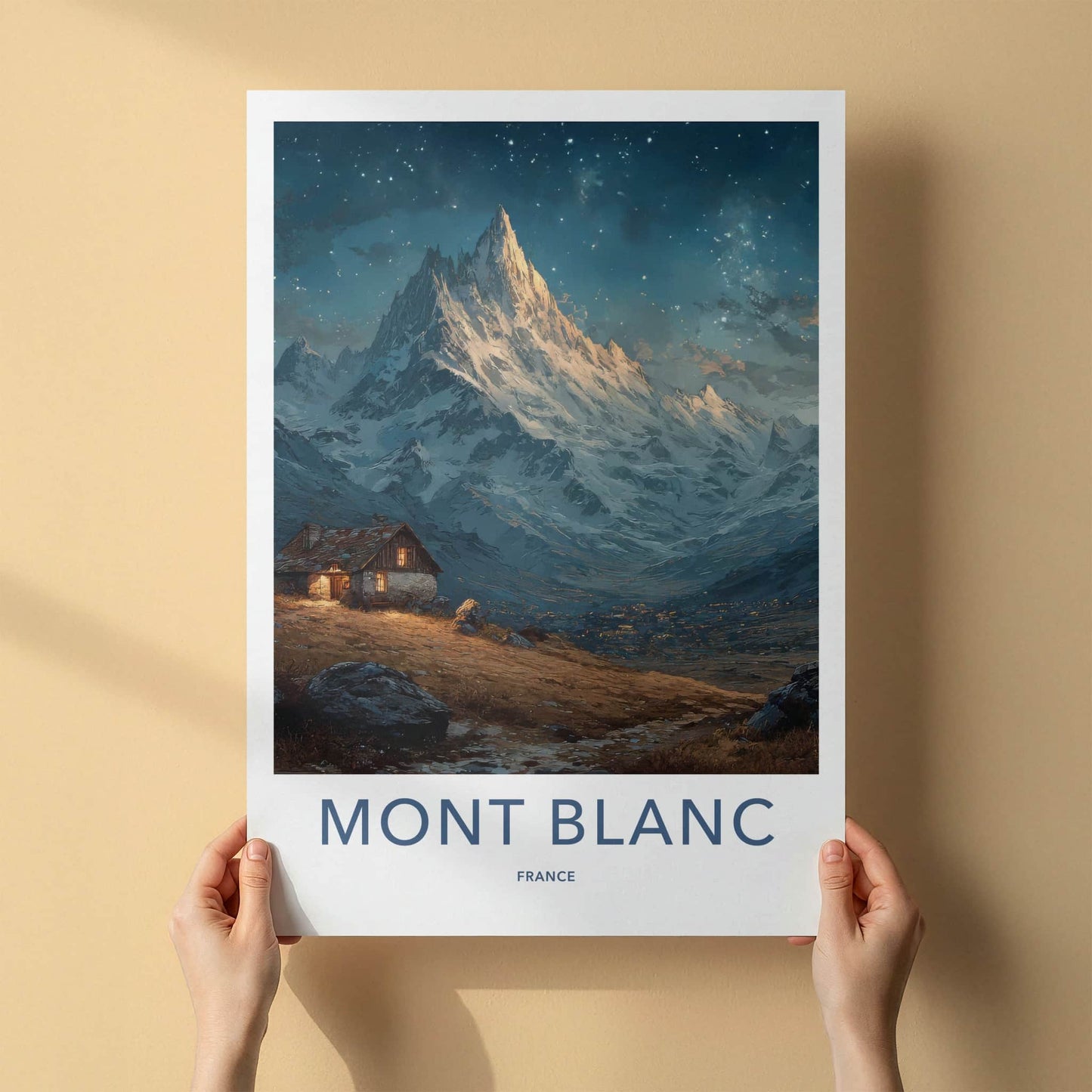 Mont Blanc Poster - France Travel Art - Mountain Cabin Night Home Decor