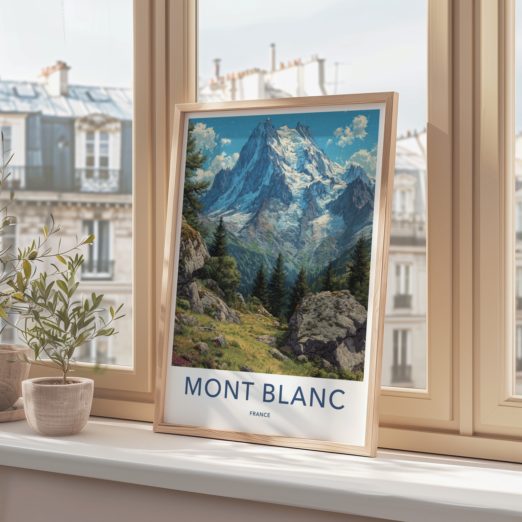 Mont Blanc Poster - France Travel Art - Snowy Mountain Valley Lounge Decor