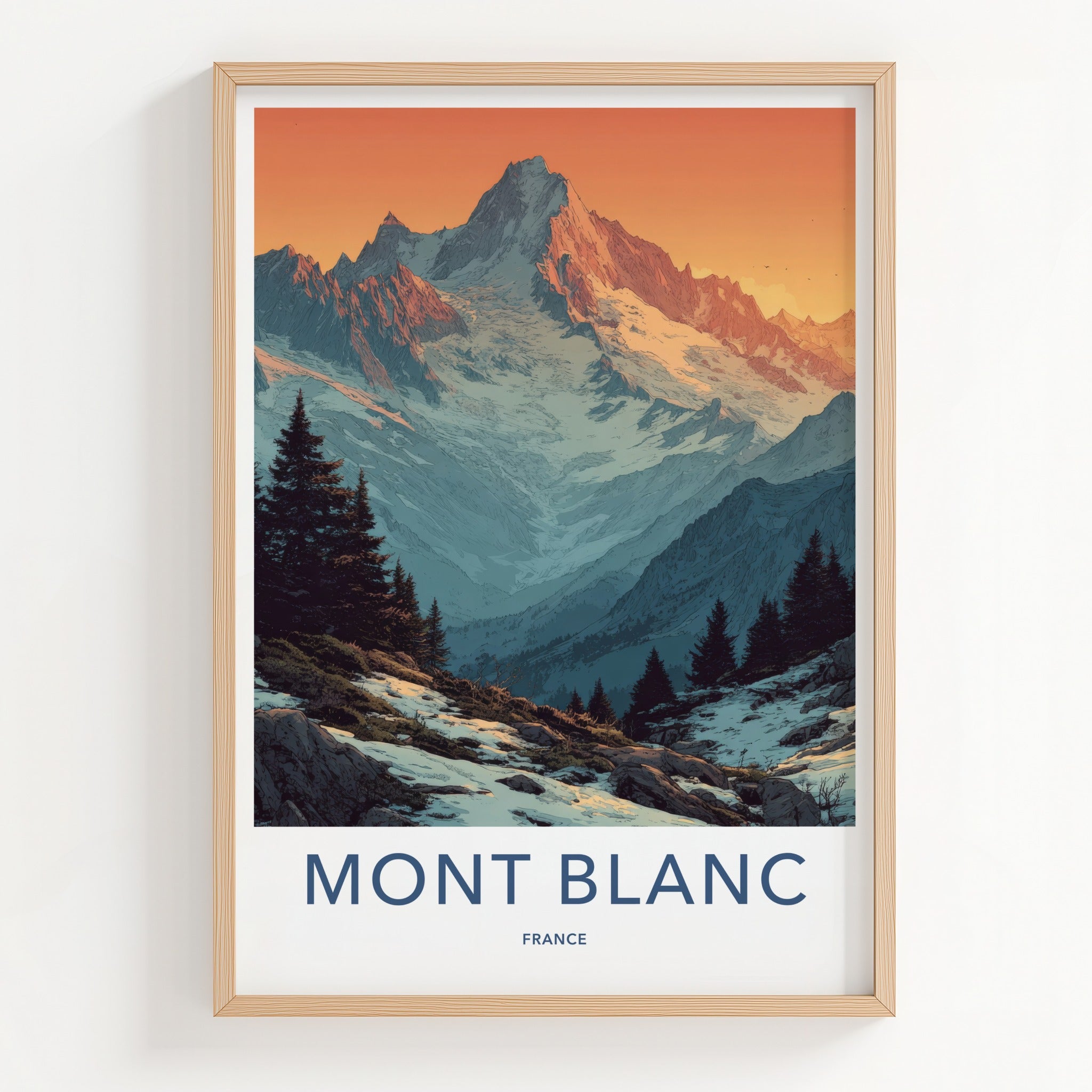 Mont Blanc Poster - France Travel Art - Snowy Peaks Pines Home Decor