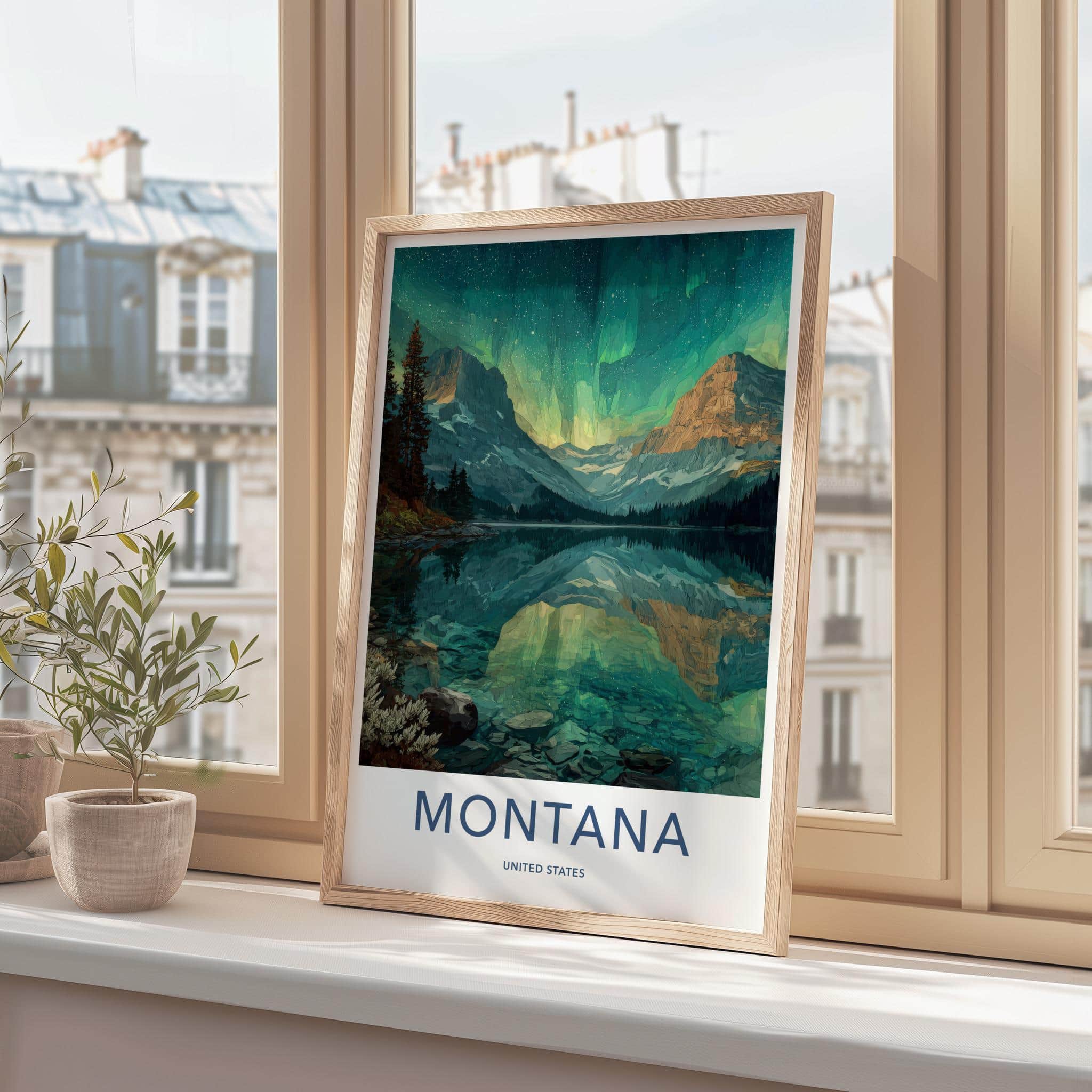 Montana Poster - Montana Travel Art - Mountain Lake Aurora Home Decor