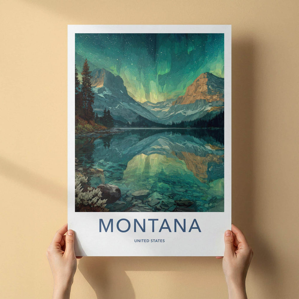 Montana Poster - Montana Travel Art - Mountain Lake Aurora Home Decor