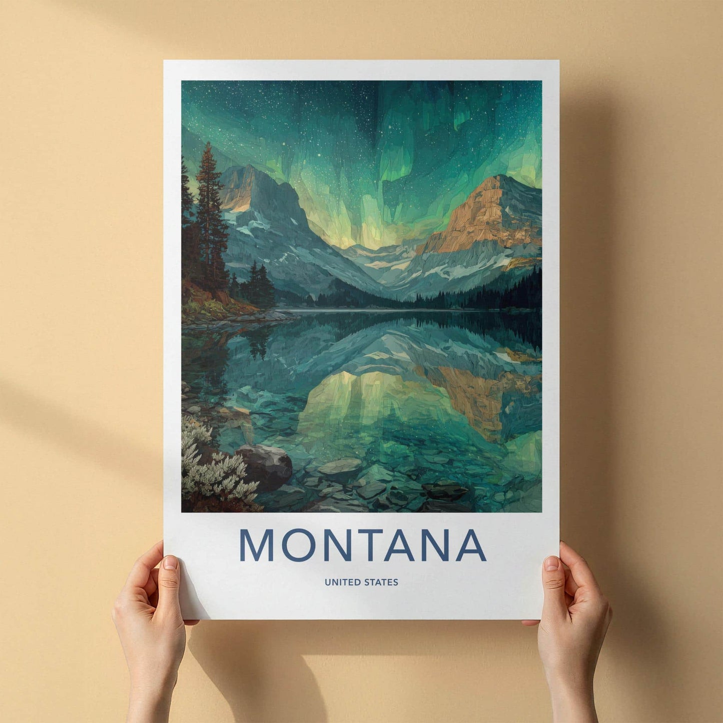 Montana Poster - Montana Travel Art - Mountain Lake Aurora Home Decor