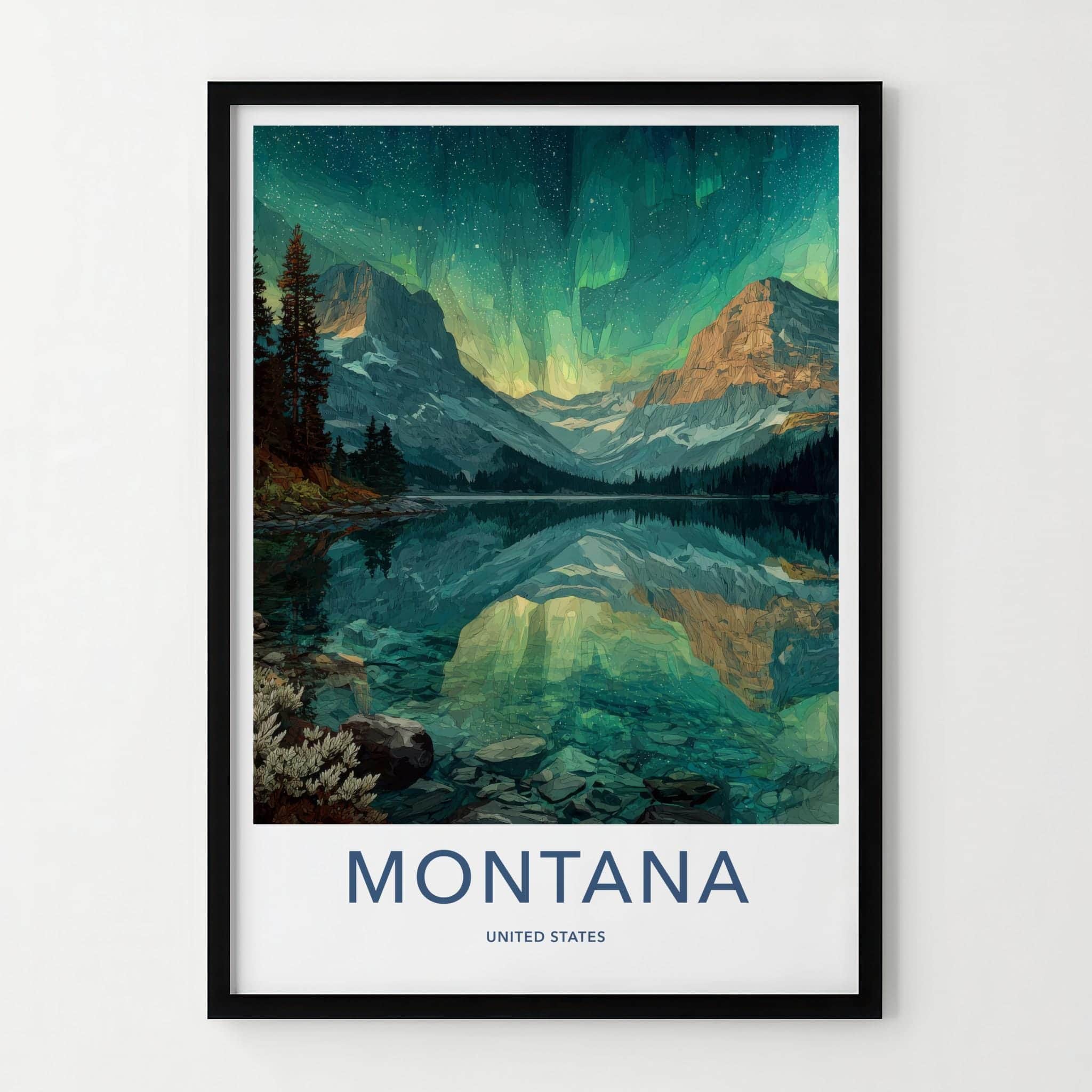 Montana Poster - Montana Travel Art - Mountain Lake Aurora Home Decor