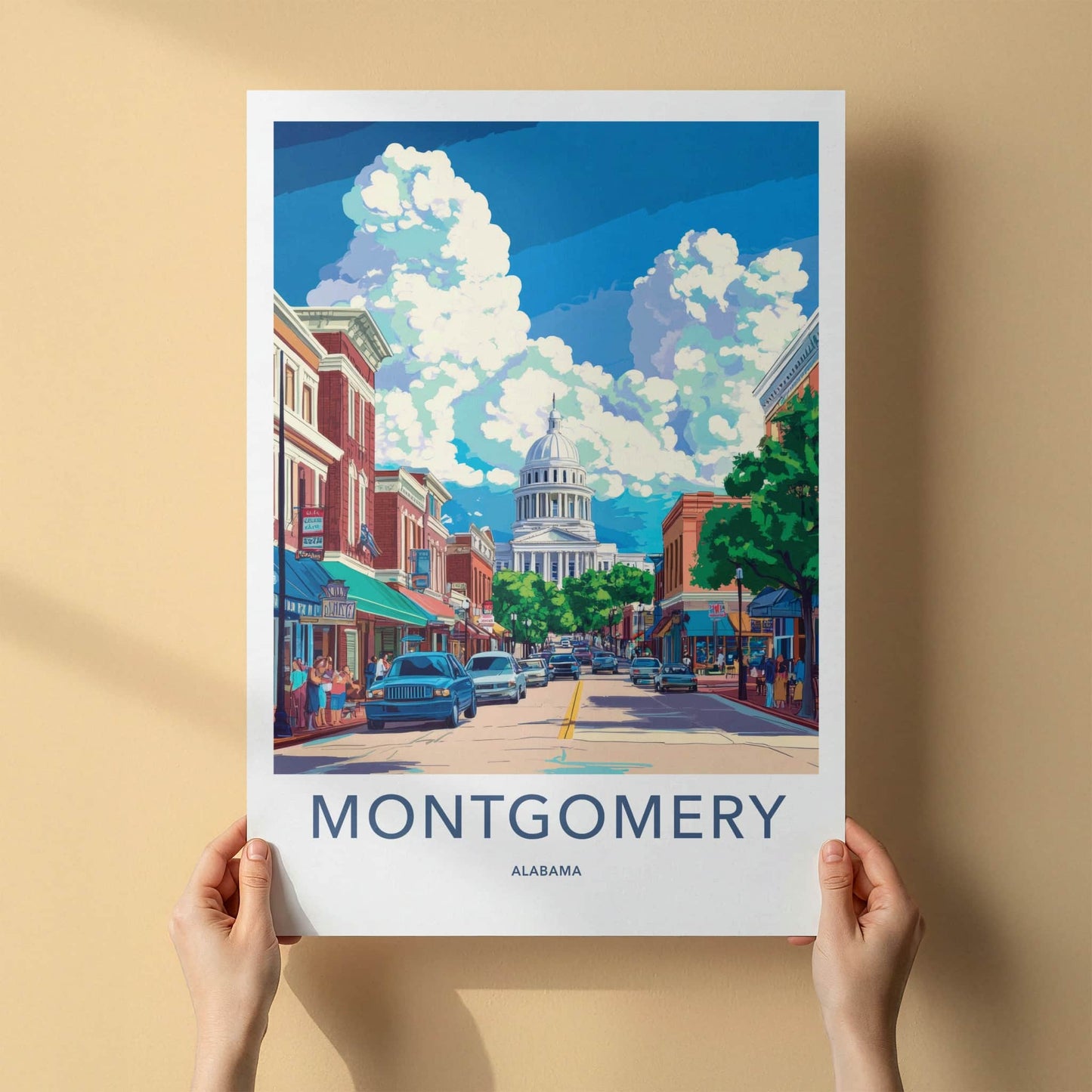 Montgomery Poster - Alabama Travel Art - Downtown Street Scene Wall Decor