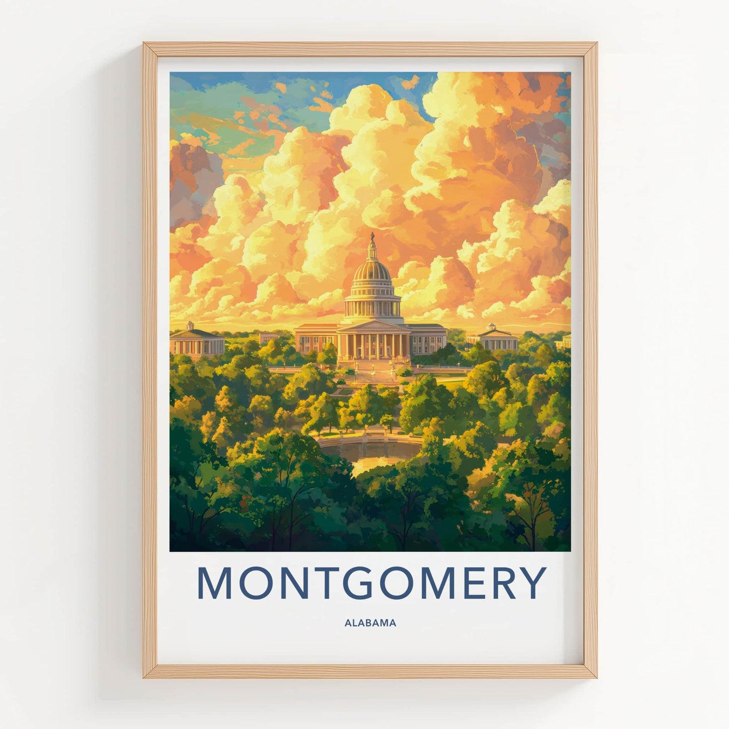 Montgomery Poster - Alabama Wall Art - Golden Capitol Clouds Home Decor