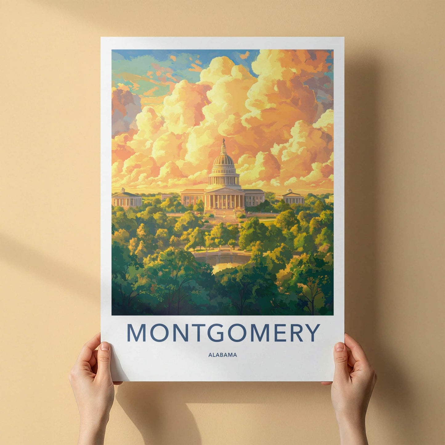Montgomery Poster - Alabama Wall Art - Golden Capitol Clouds Home Decor
