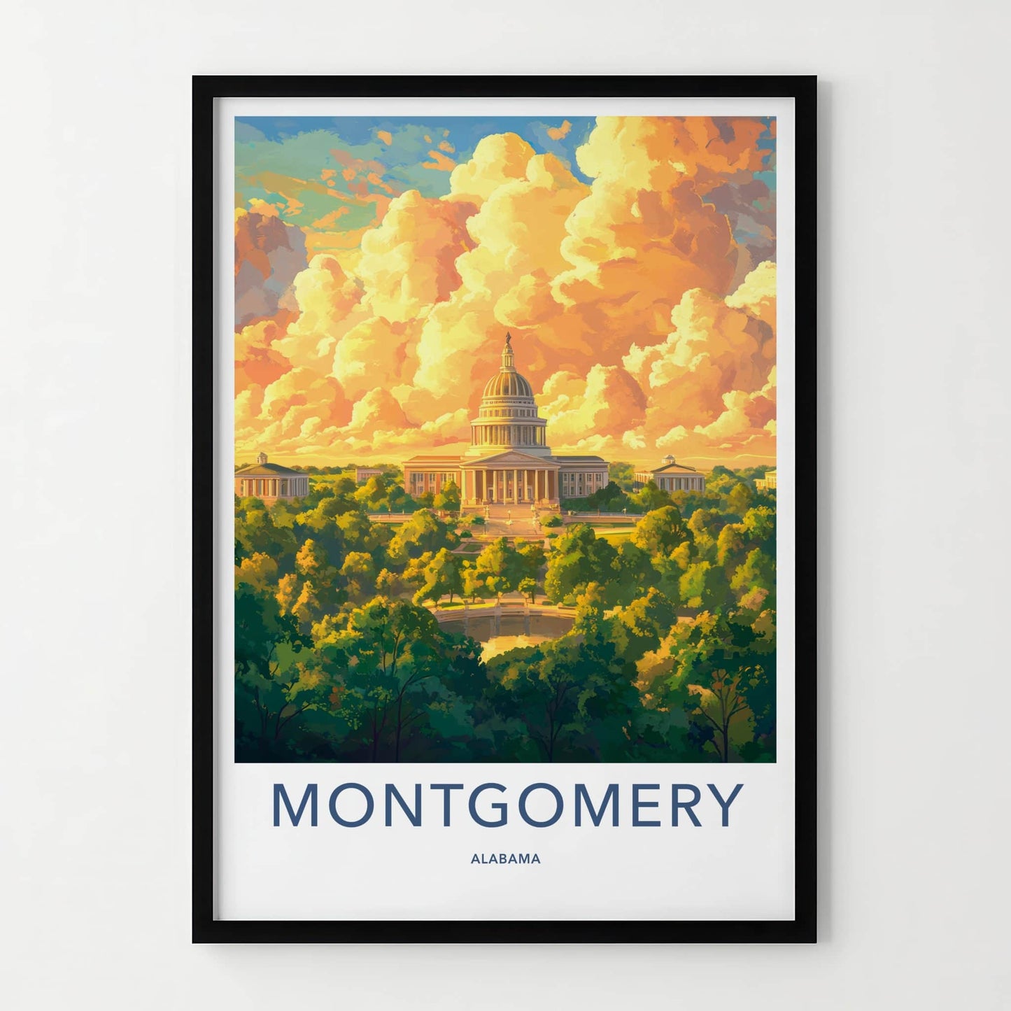 Montgomery Poster - Alabama Wall Art - Golden Capitol Clouds Home Decor