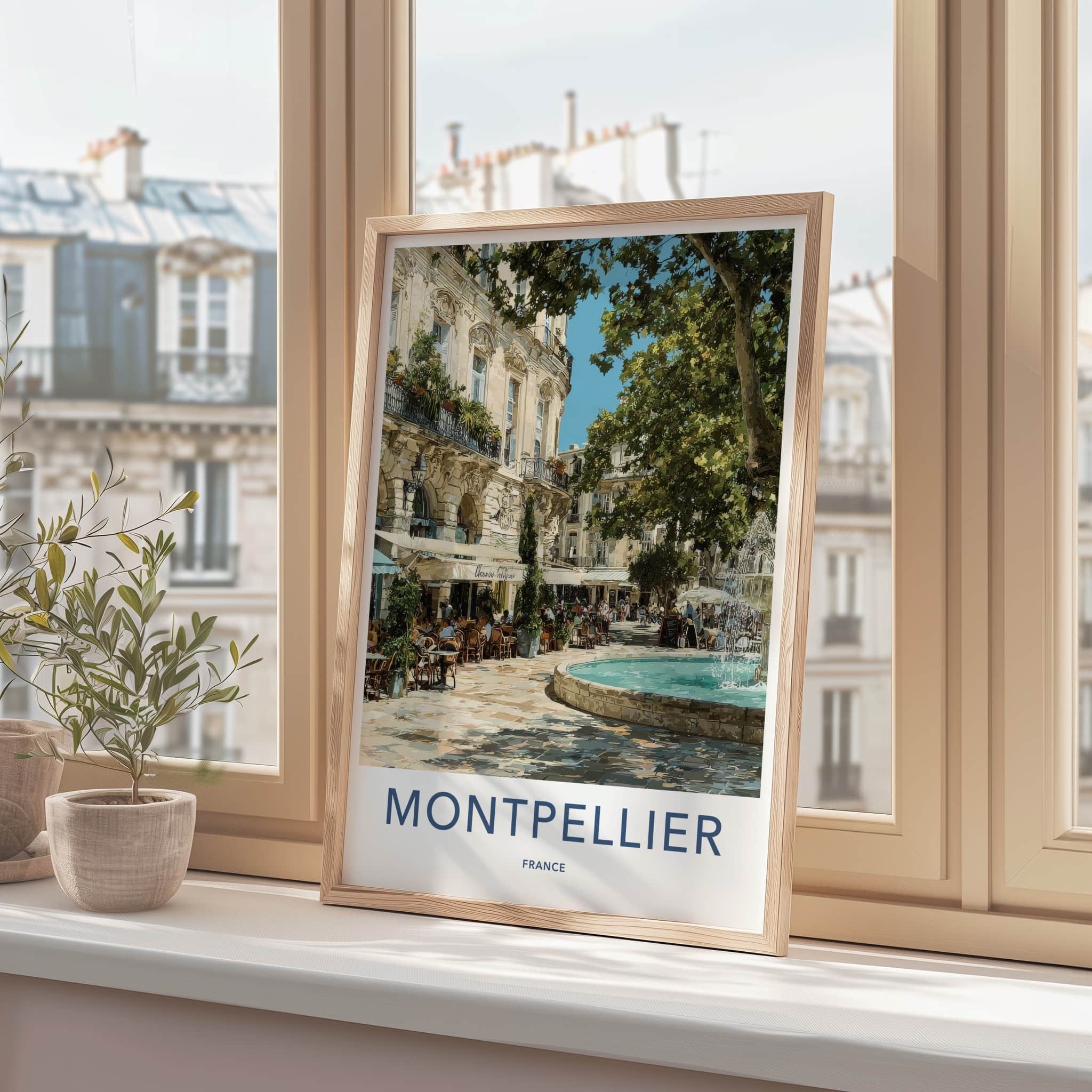 Montpellier Poster - France Travel Art - Lively Cafe Fountain Home Decor