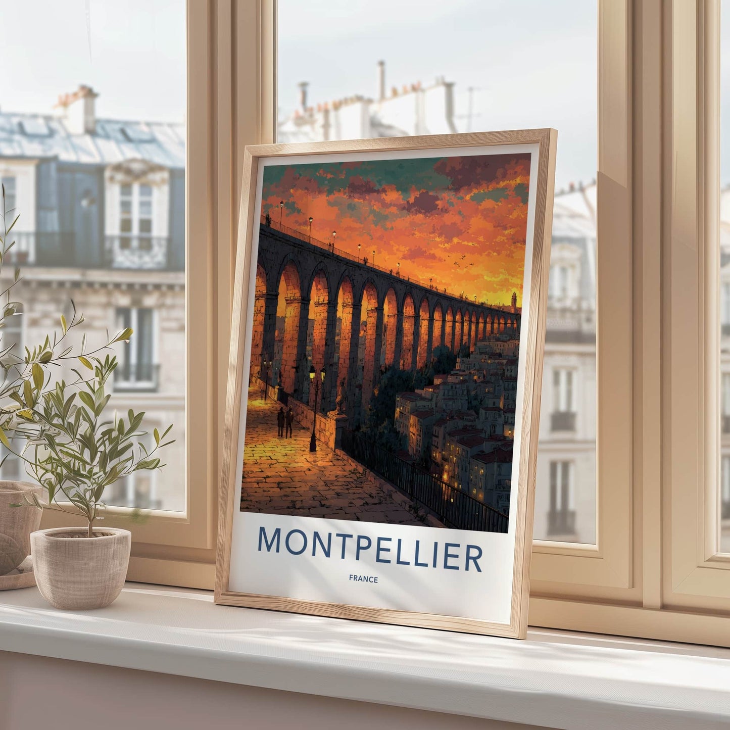Montpellier Poster - France Travel Art - Orange Sky Aqueduct Home Decor
