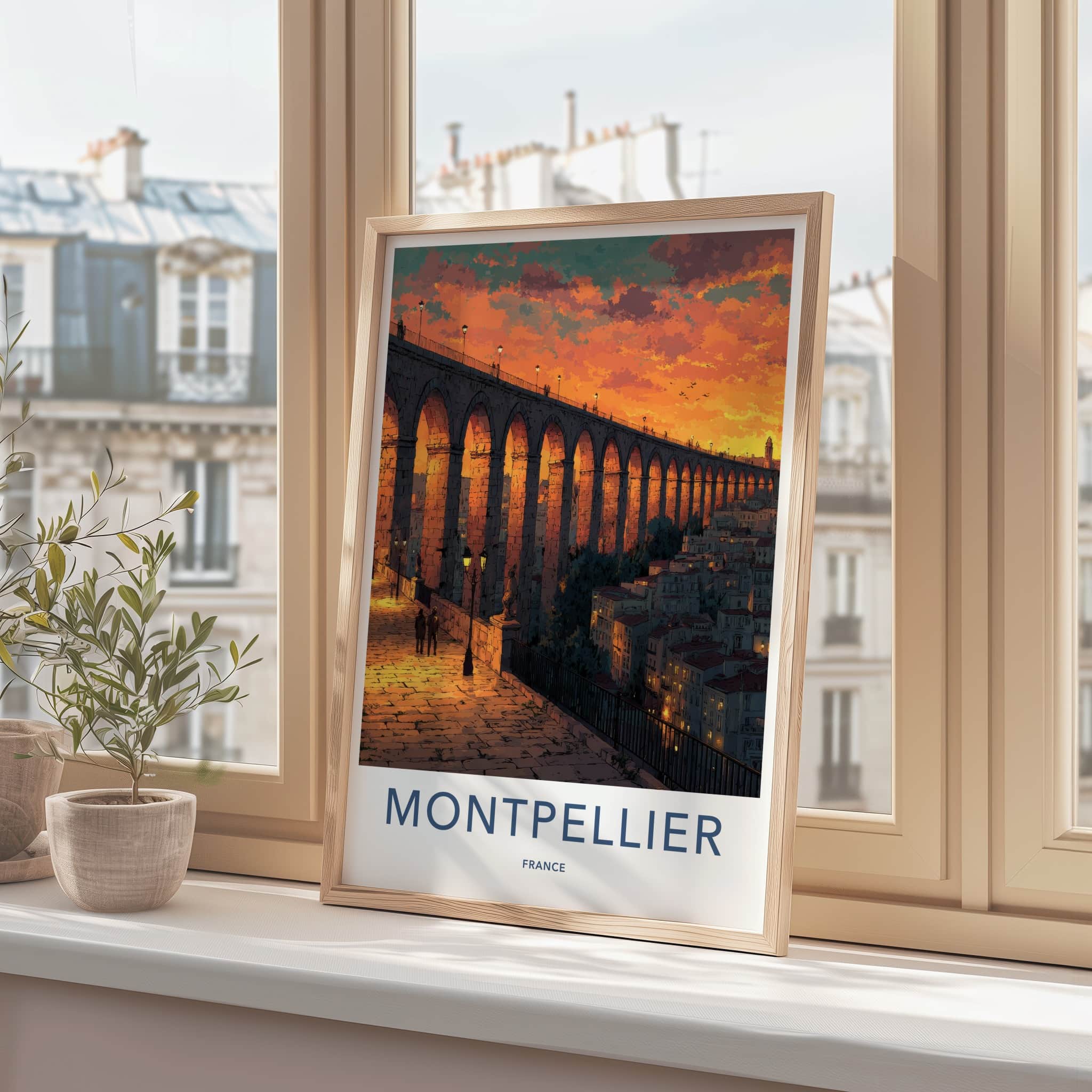 Montpellier Poster - France Travel Art - Orange Sky Aqueduct Home Decor