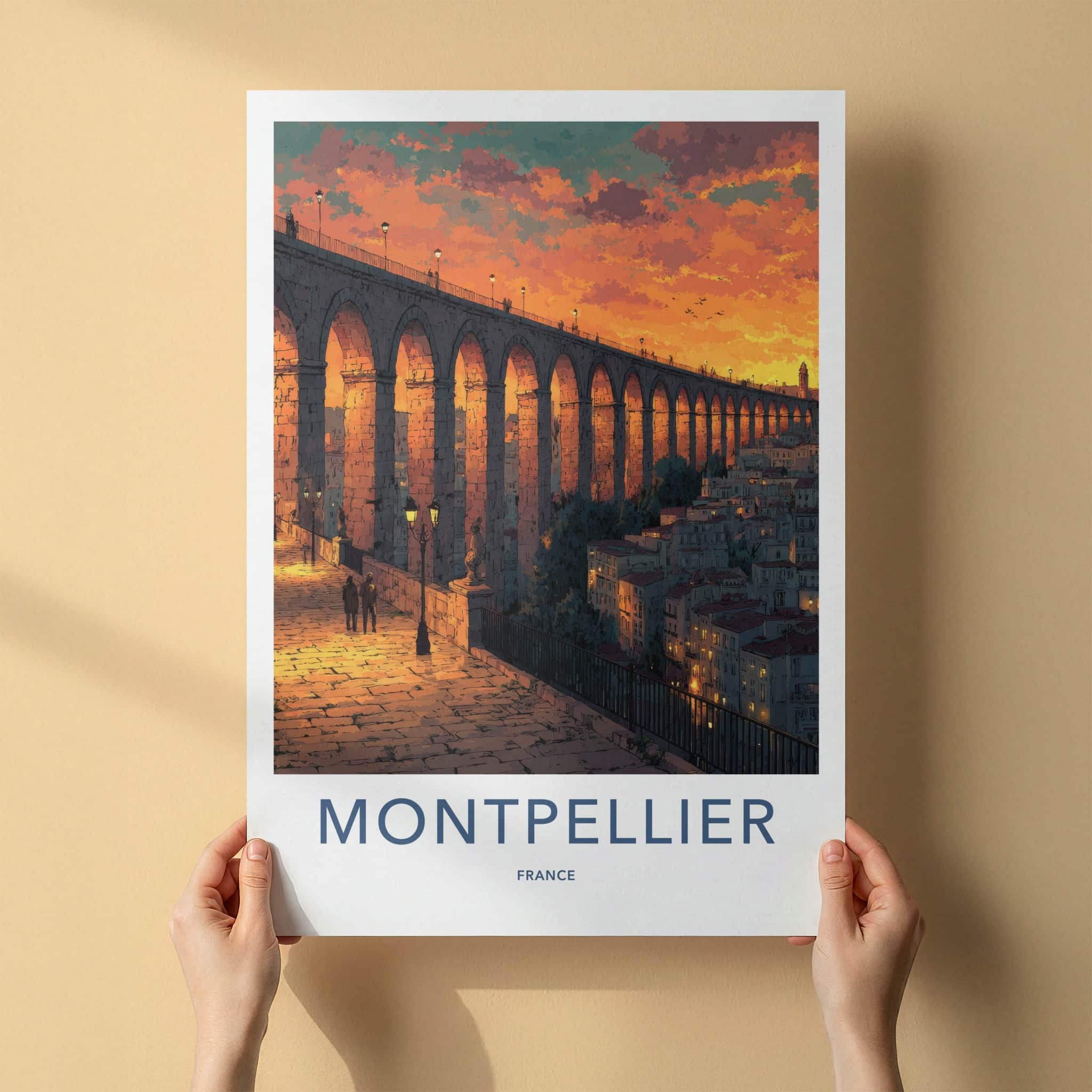 Montpellier Poster - France Travel Art - Orange Sky Aqueduct Home Decor
