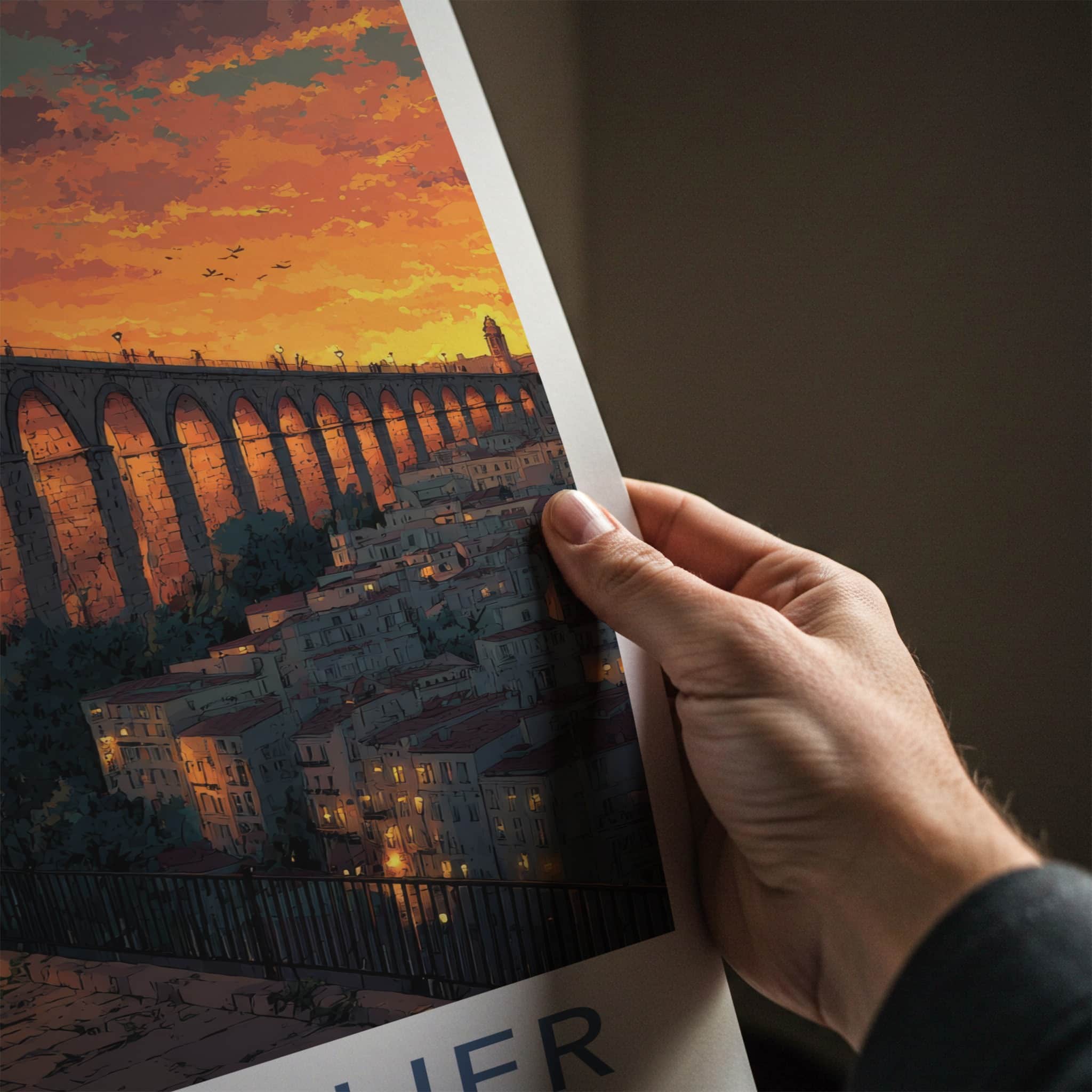 Montpellier Poster - France Travel Art - Orange Sky Aqueduct Home Decor