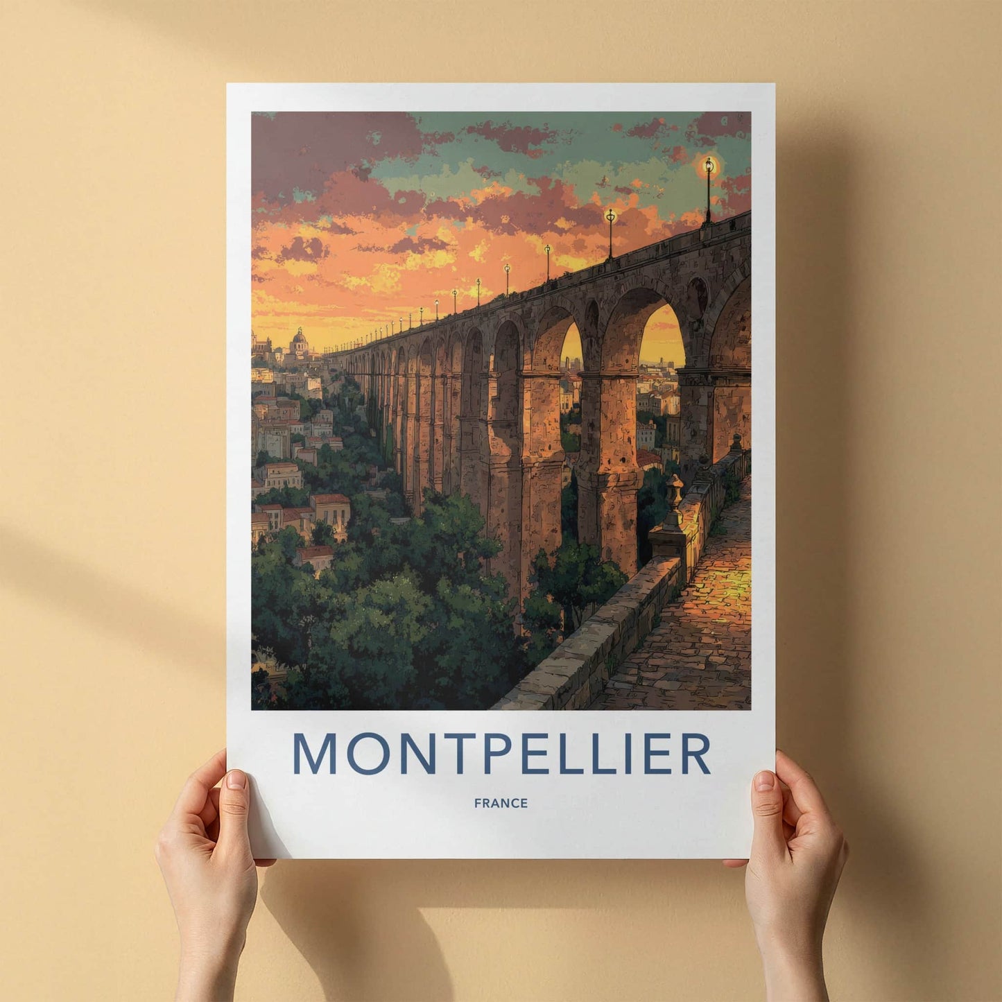 Montpellier Poster - France Travel Art - Sunset Aqueduct City Home Decor