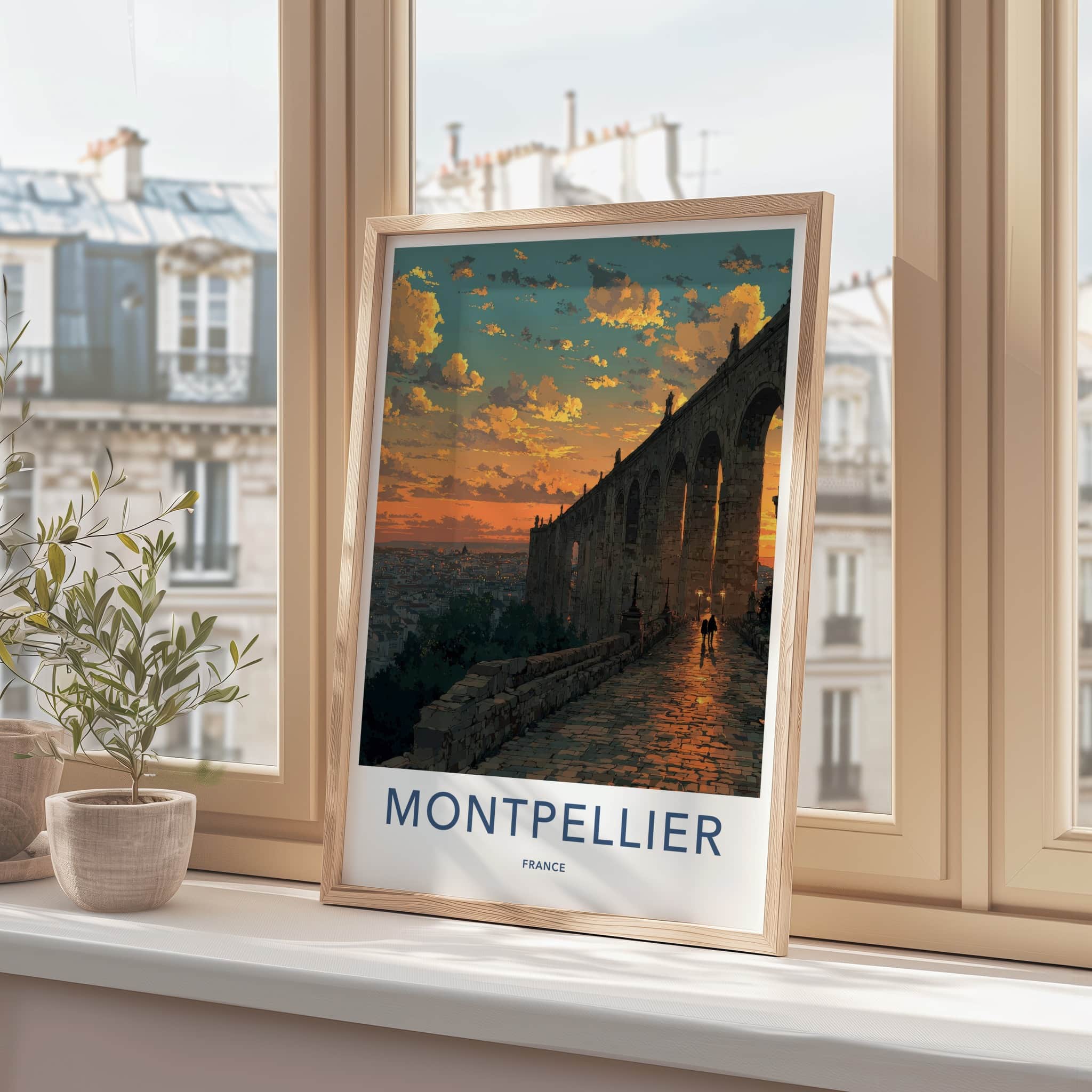 Montpellier Poster - France Travel Art - Sunset Aqueduct Path Home Decor