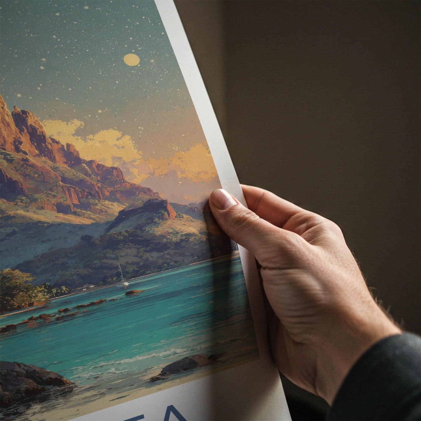 Moorea Poster - French Polynesia Travel Art - Moonlit Mountain Shore Home Decor