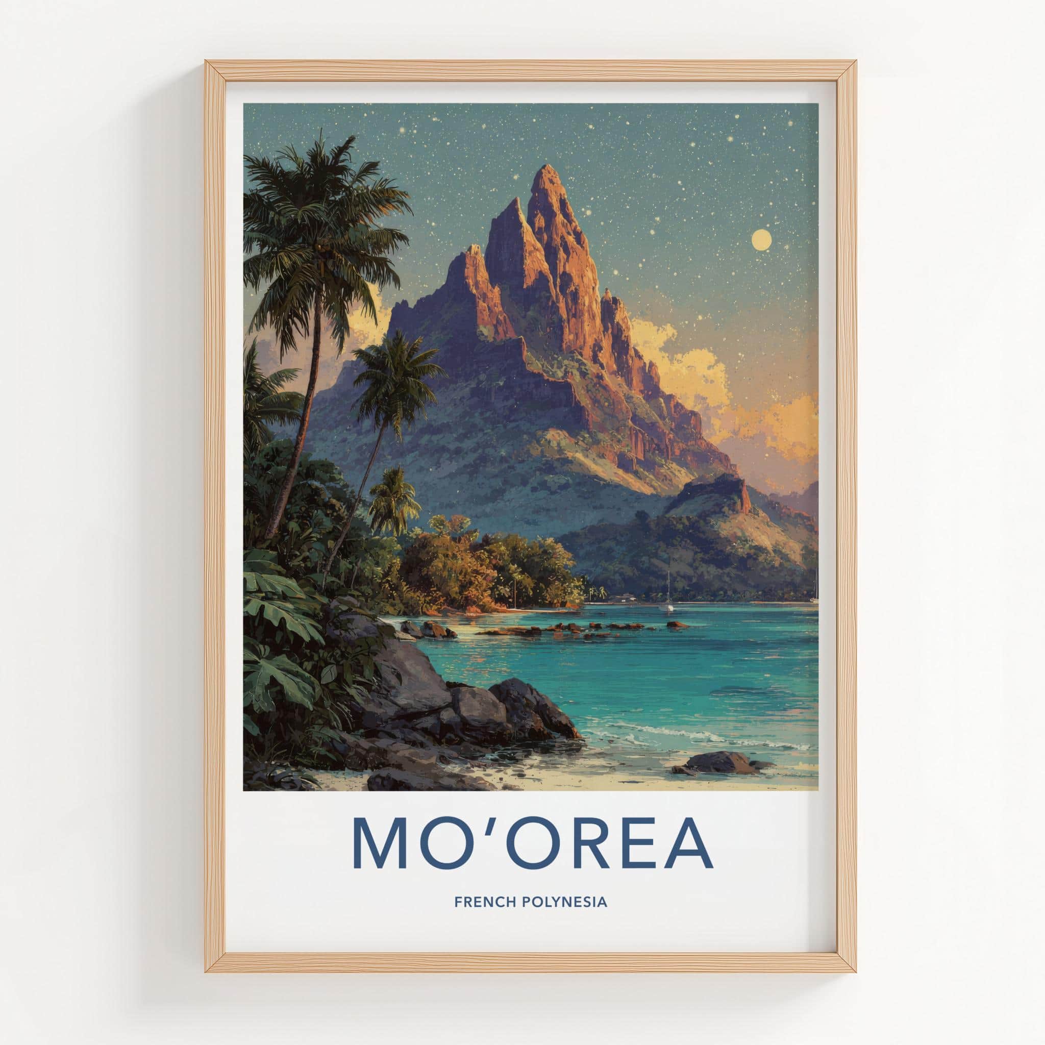 Moorea Poster - French Polynesia Travel Art - Moonlit Mountain Shore Home Decor