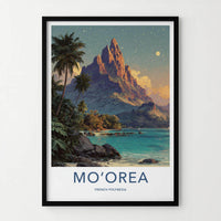 Moorea Poster - French Polynesia Travel Art - Moonlit Mountain Shore Home Decor
