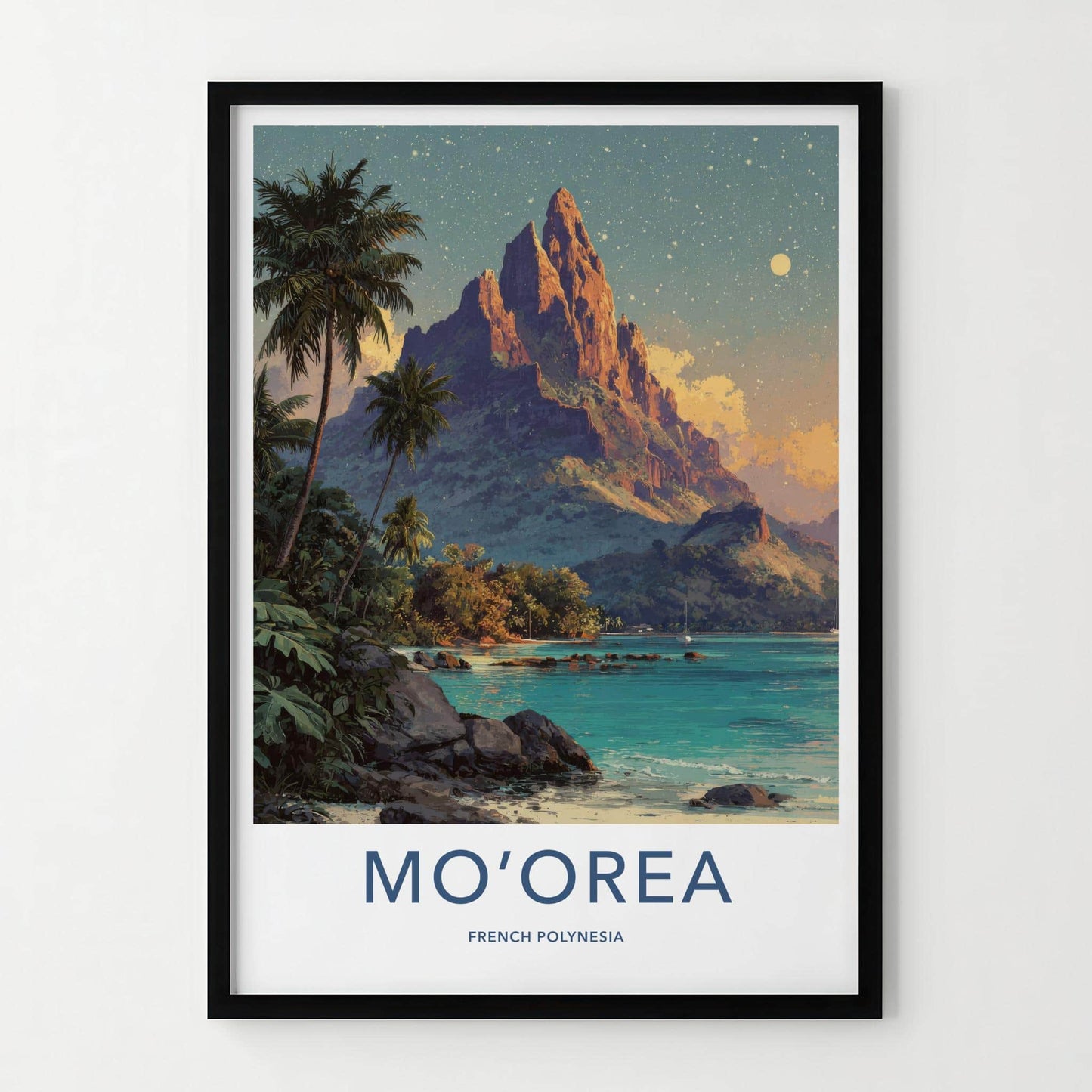 Moorea Poster - French Polynesia Travel Art - Moonlit Mountain Shore Home Decor