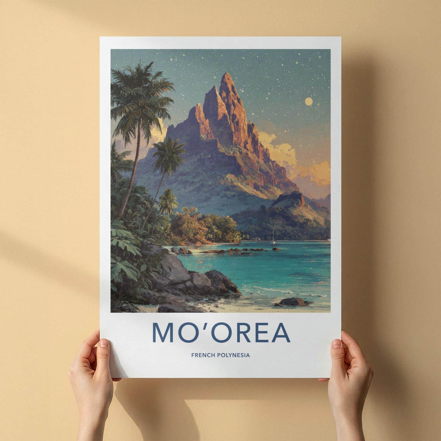 Moorea Poster - French Polynesia Travel Art - Moonlit Mountain Shore Home Decor