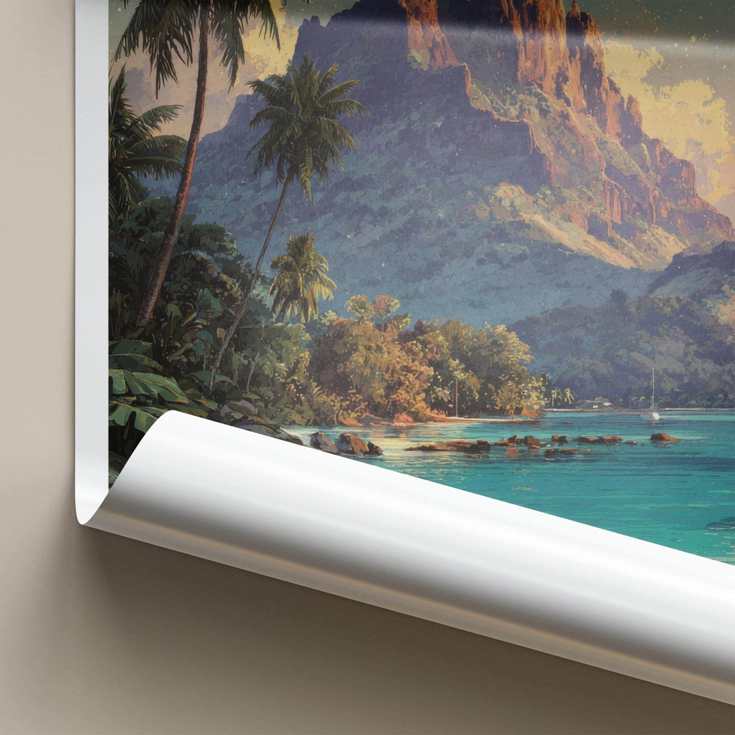 Moorea Poster - French Polynesia Travel Art - Moonlit Mountain Shore Home Decor