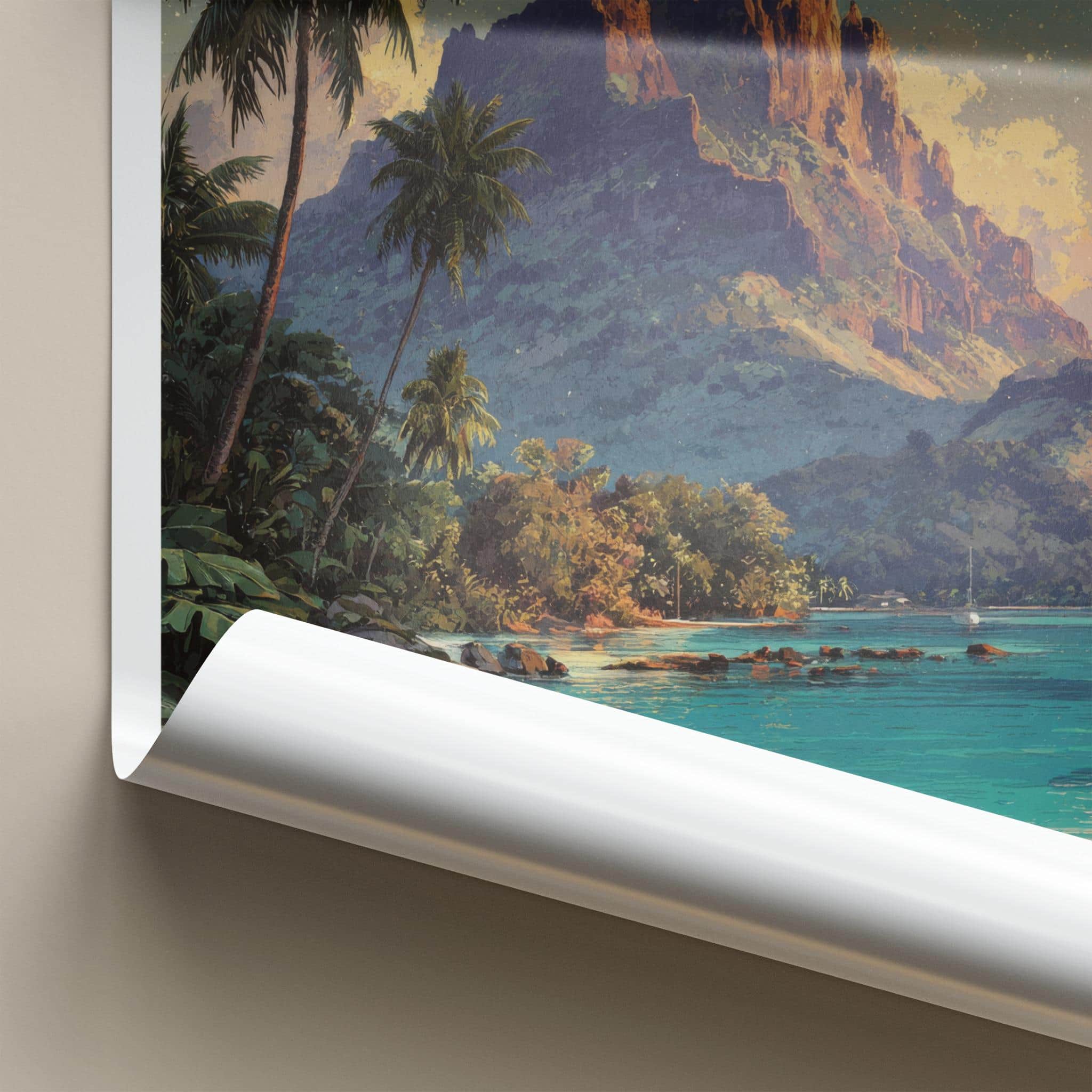 Moorea Poster - French Polynesia Travel Art - Moonlit Mountain Shore Home Decor