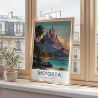 Moorea Poster - French Polynesia Travel Art - Moonlit Mountain Shore Home Decor