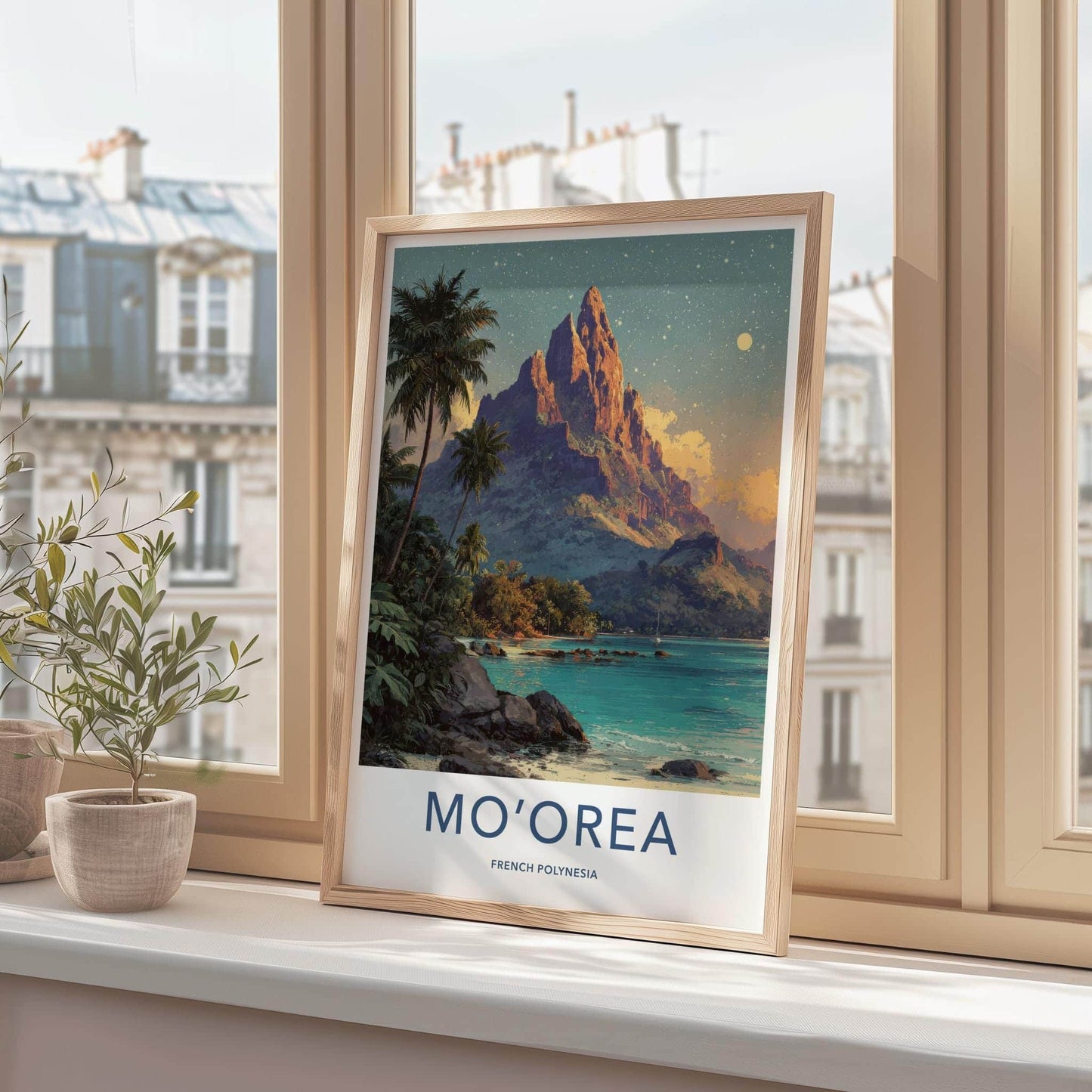 Moorea Poster - French Polynesia Travel Art - Moonlit Mountain Shore Home Decor