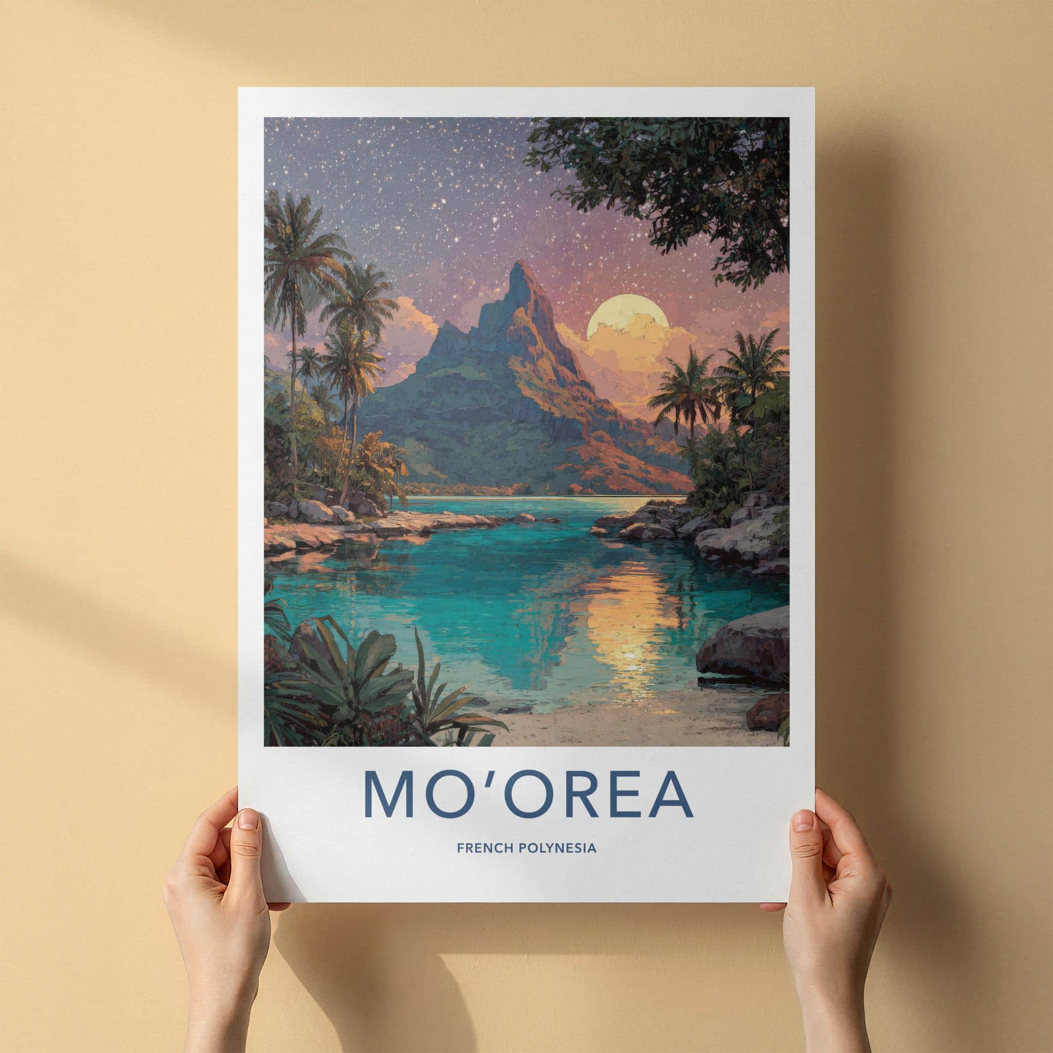 Moorea Poster - French Polynesia Travel Art - Starry Night Lagoon Home Decor