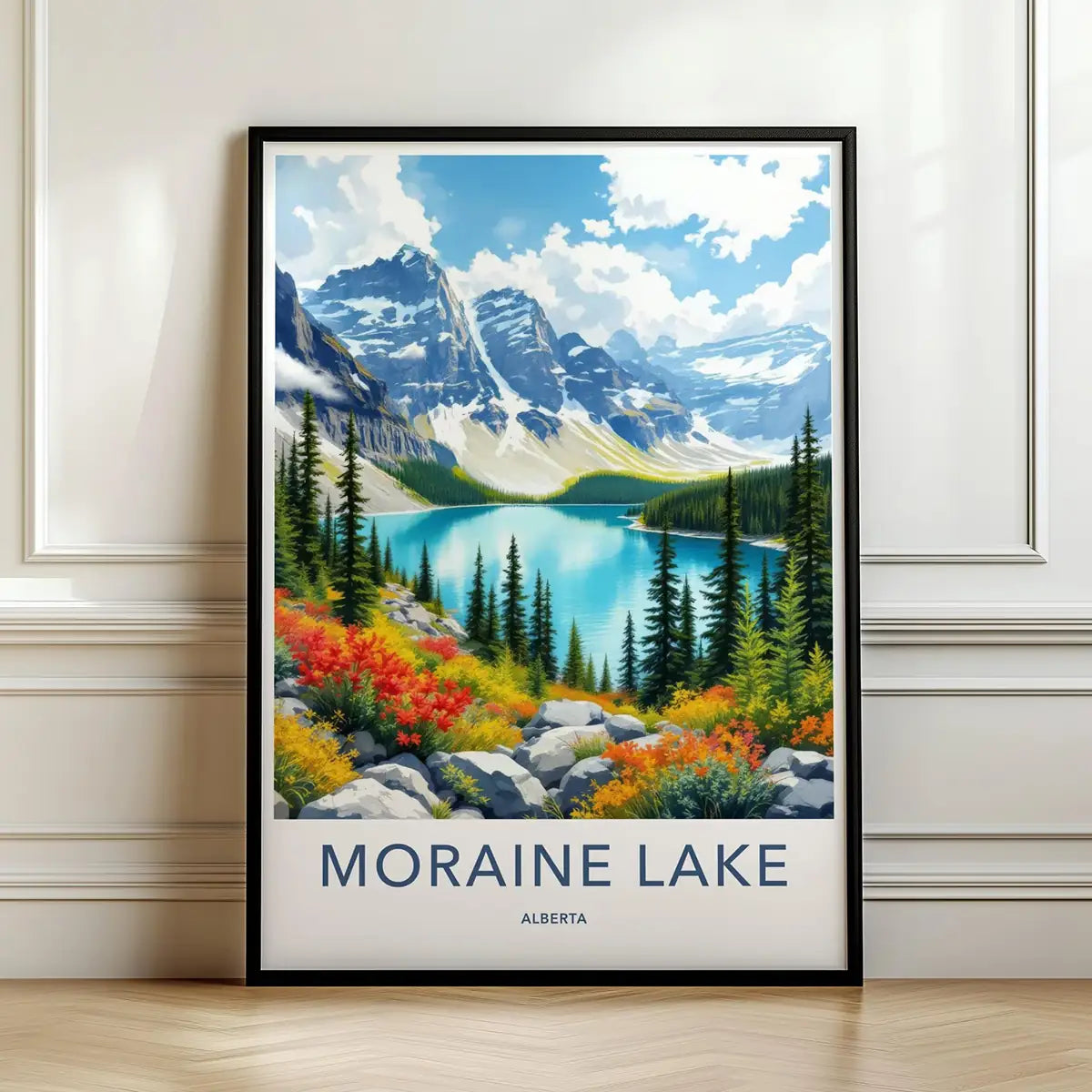 Framed poster of Moraine Lake with mountains and lake in a scenic setting.