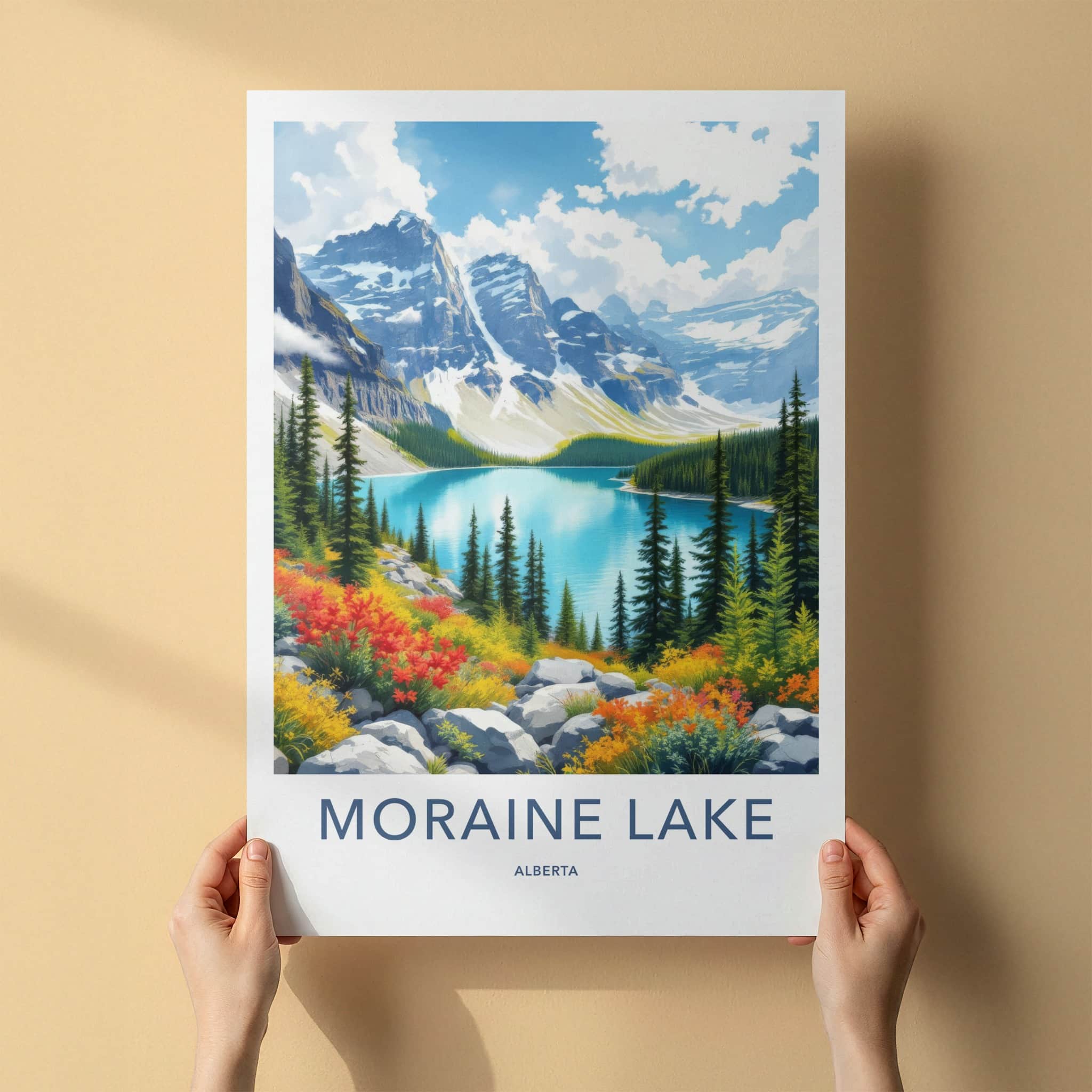 Moraine Lake Poster - Canada Travel Art - Vibrant Lake Scenery Home Decor