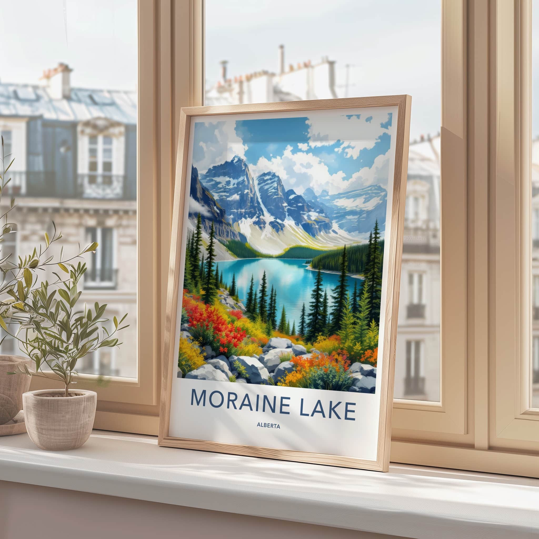 Moraine Lake Poster - Canada Travel Art - Vibrant Lake Scenery Home Decor