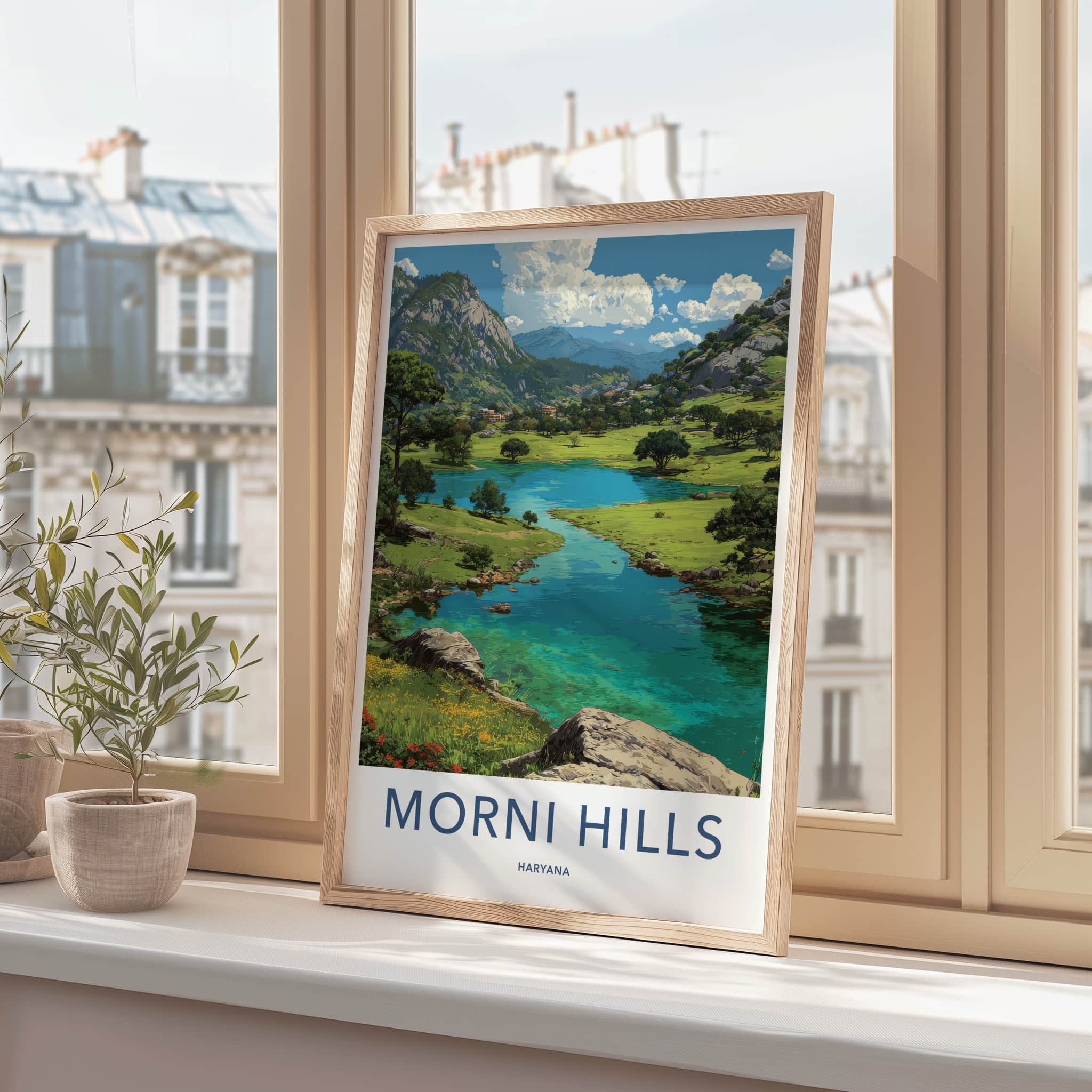 Morni Hills Poster - Haryana Travel Art - Lush Valley Lake Wall Decor