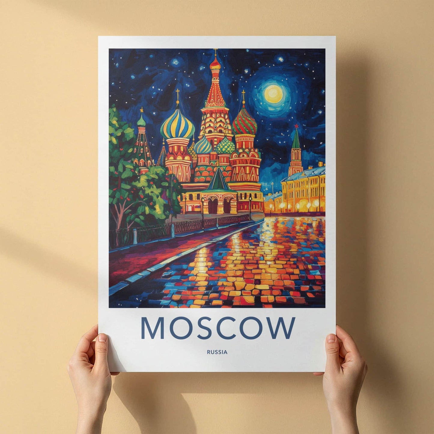 Moscow Poster - Russia Travel Art - Moonlit Cathedral Square Home Decor