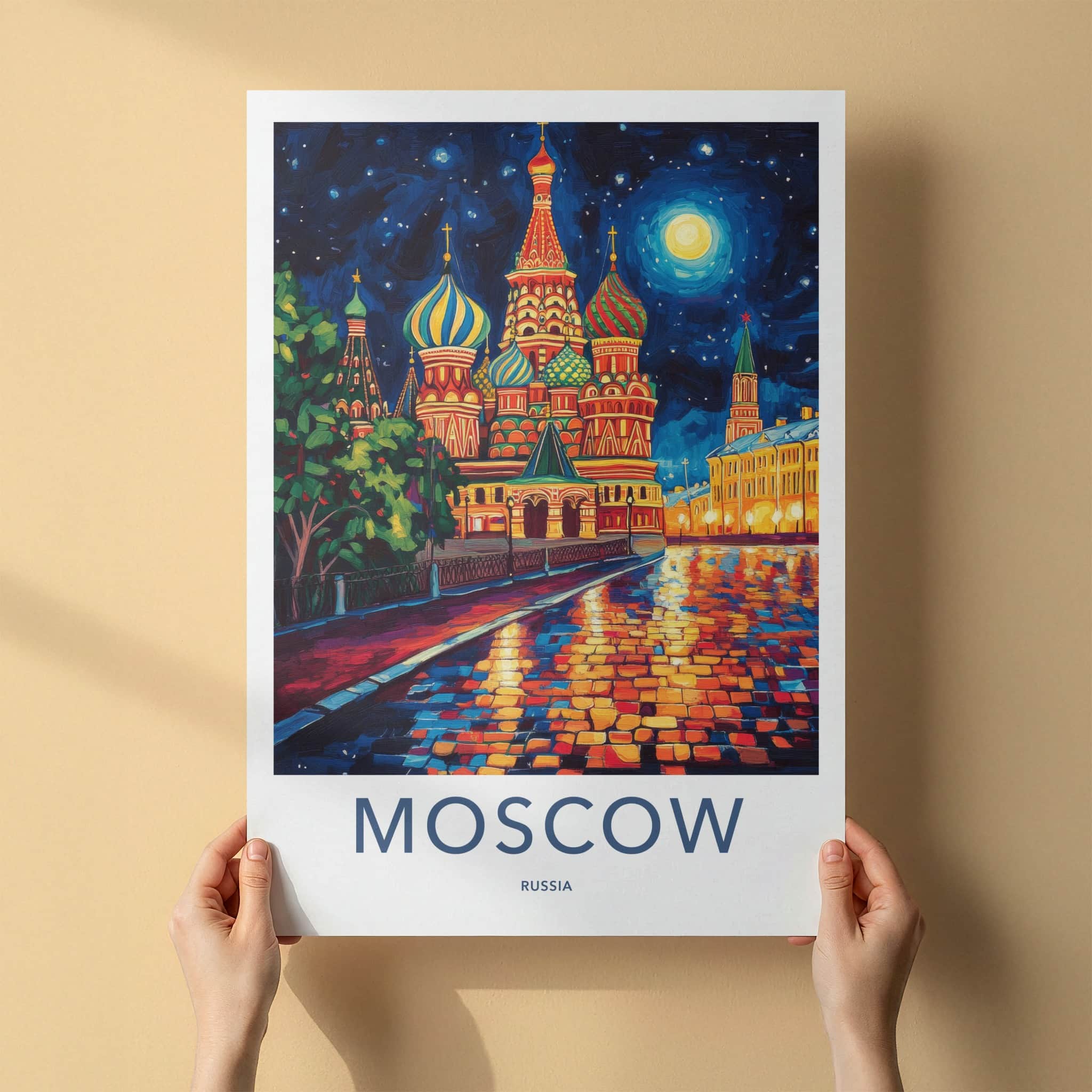 Moscow Poster - Russia Travel Art - Moonlit Cathedral Square Home Decor