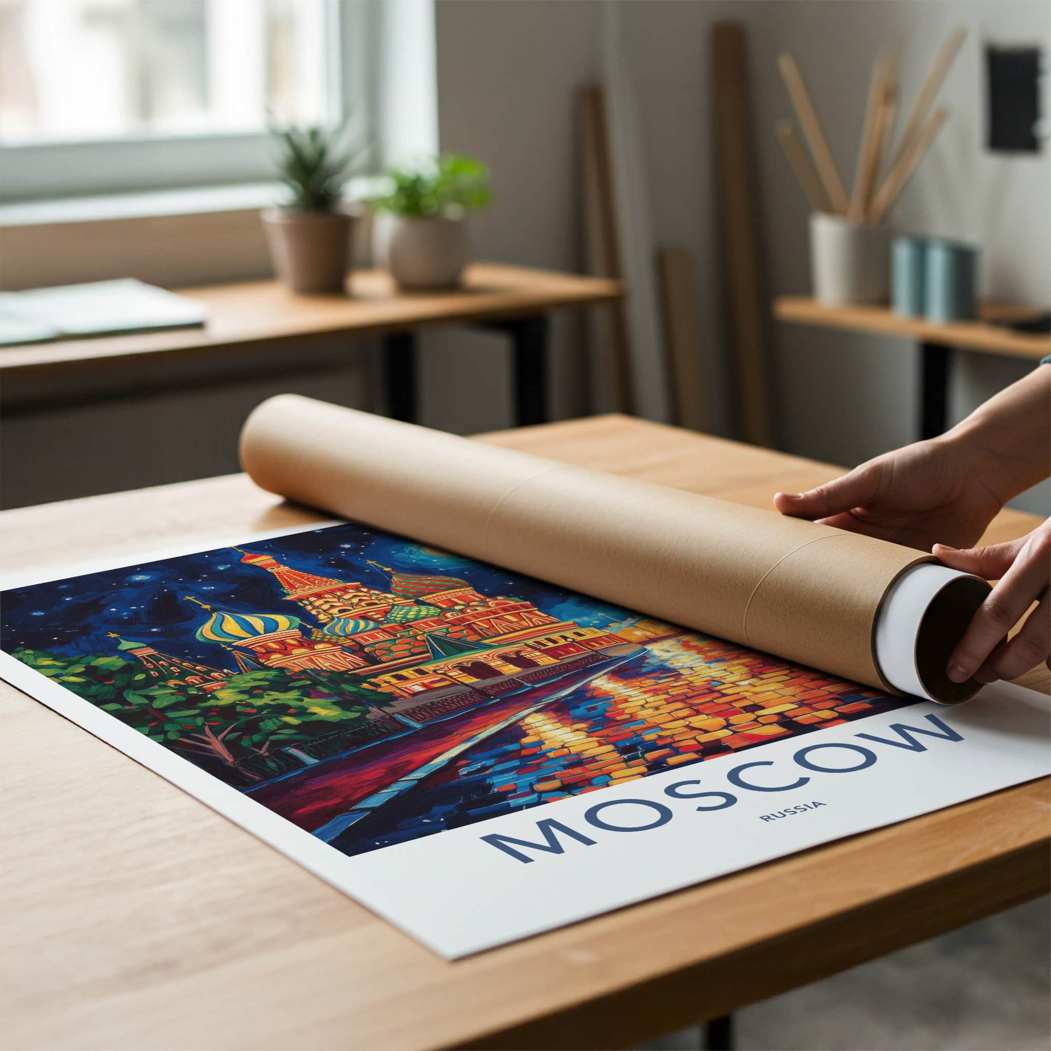 Moscow Poster - Russia Travel Art - Moonlit Cathedral Square Home Decor