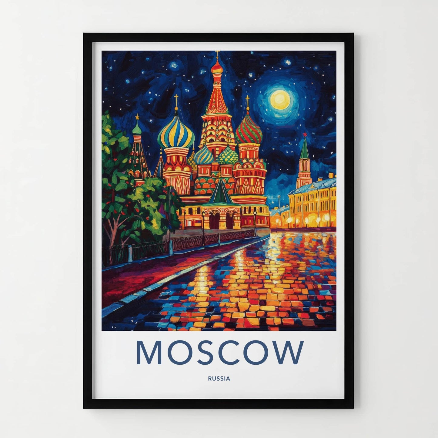 Moscow Poster - Russia Travel Art - Moonlit Cathedral Square Home Decor