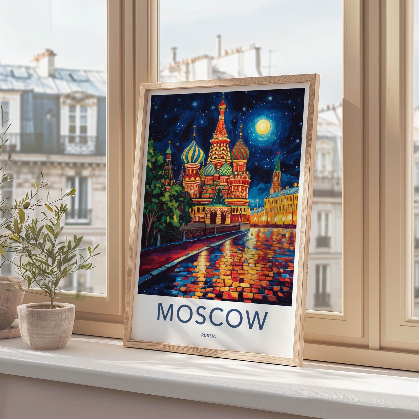 Moscow Poster - Russia Travel Art - Moonlit Cathedral Square Home Decor
