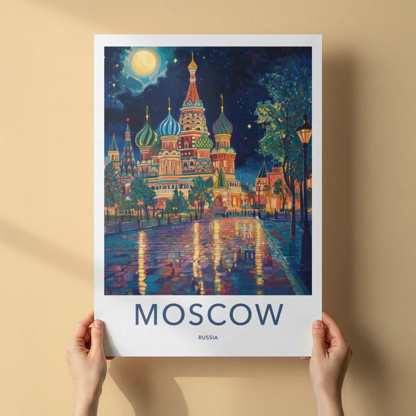 Moscow Poster - Russia Travel Art - Vibrant Temple Reflections Home Decor