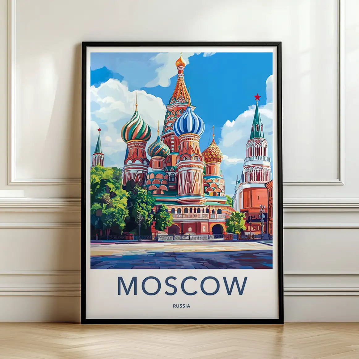 Framed poster of St. Basil's Cathedral in Moscow on a wall.