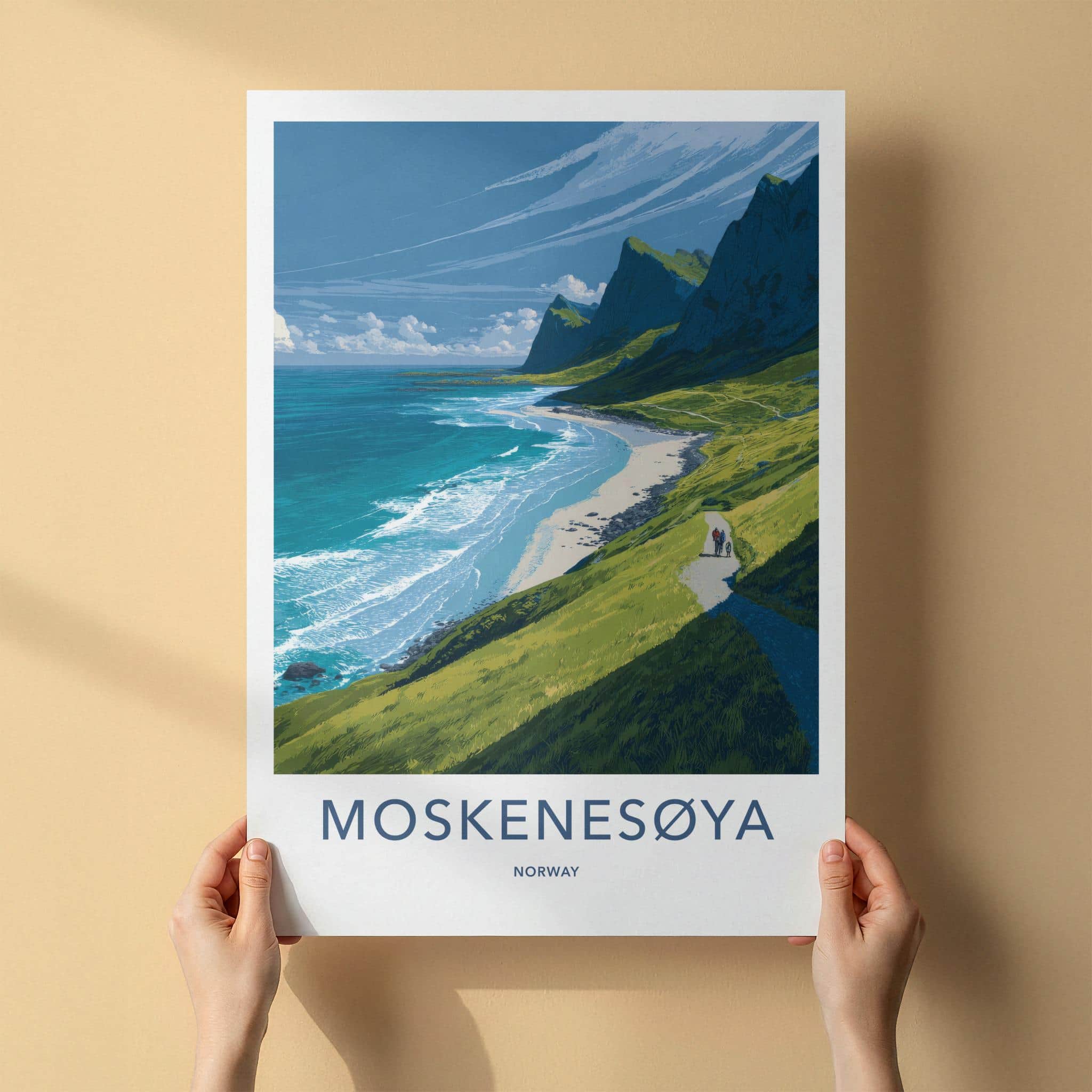 Moskenesoya Poster - Norway Travel Art - Coastal Mountain Trail Wall Decor