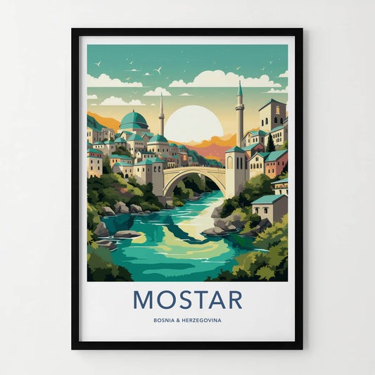 Mostar Poster - Bosnia Herzegovina Travel Art - Historic Arch Bridge Home Decor