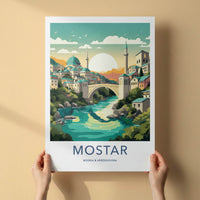 Mostar Poster - Bosnia Herzegovina Travel Art - Historic Arch Bridge Home Decor